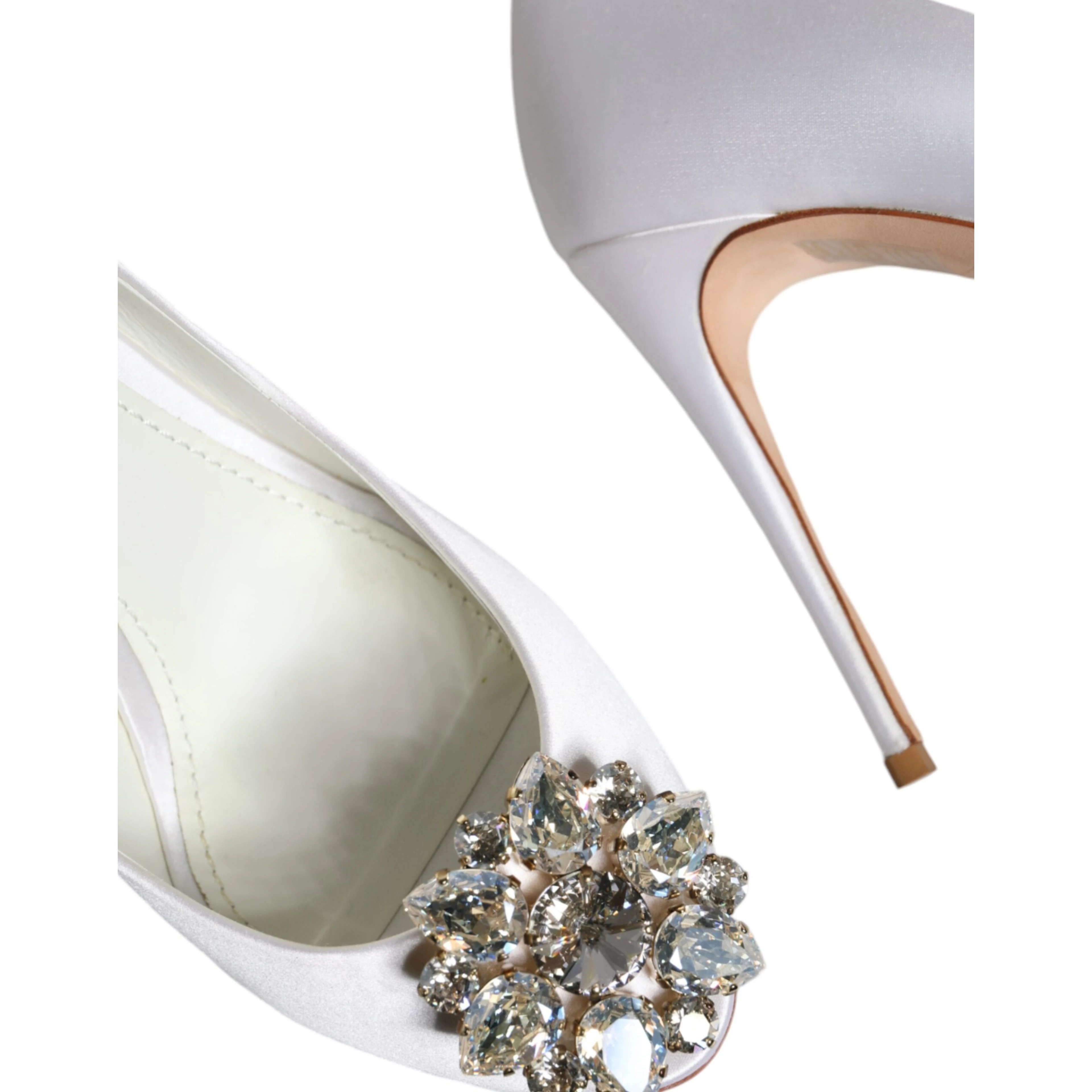 White Crystals Peep Toe Satin Pumps Shoes