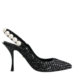 White Black Chevron Faux Pearl Slingback Shoes