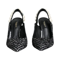 White Black Chevron Faux Pearl Slingback Shoes