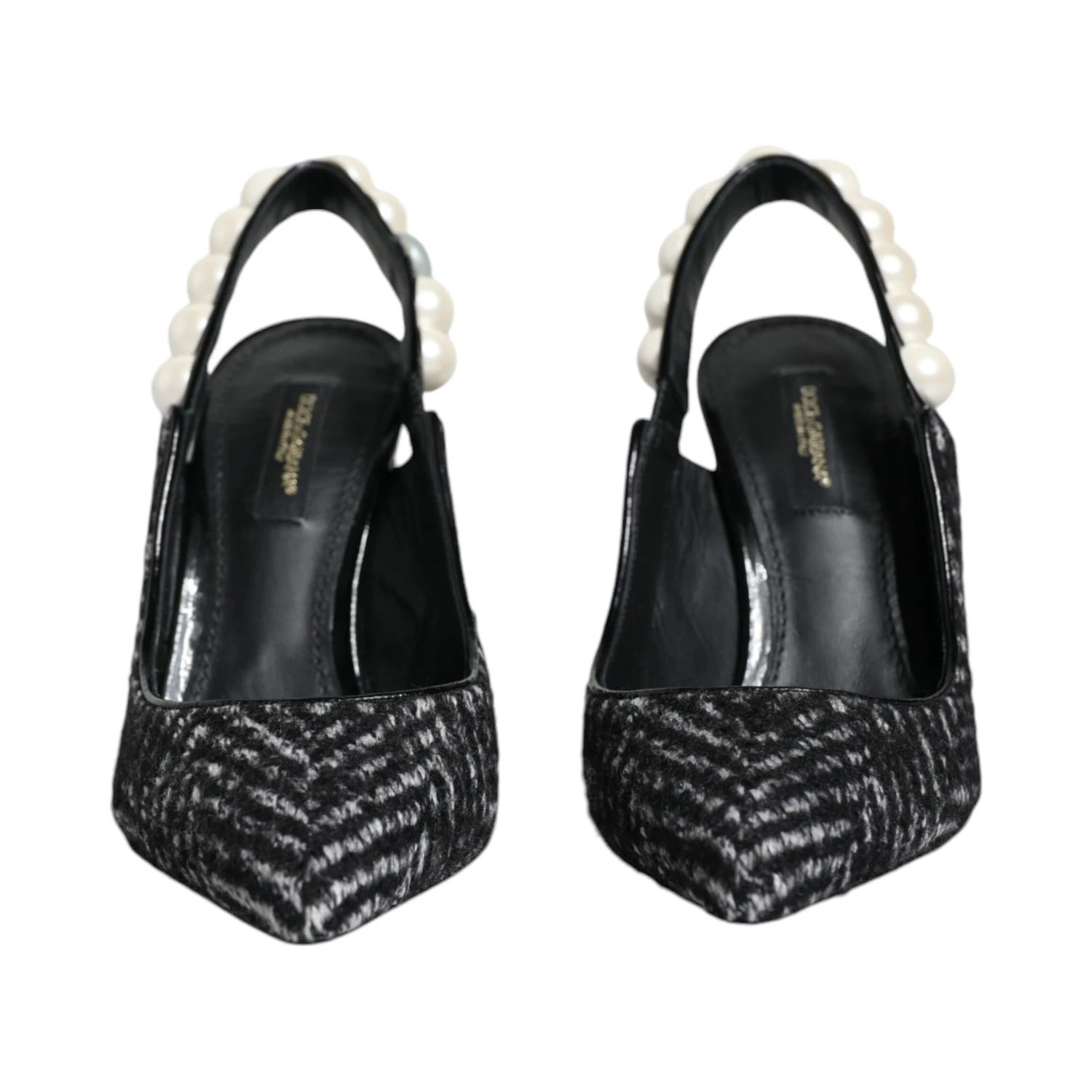 White Black Chevron Faux Pearl Slingback Shoes