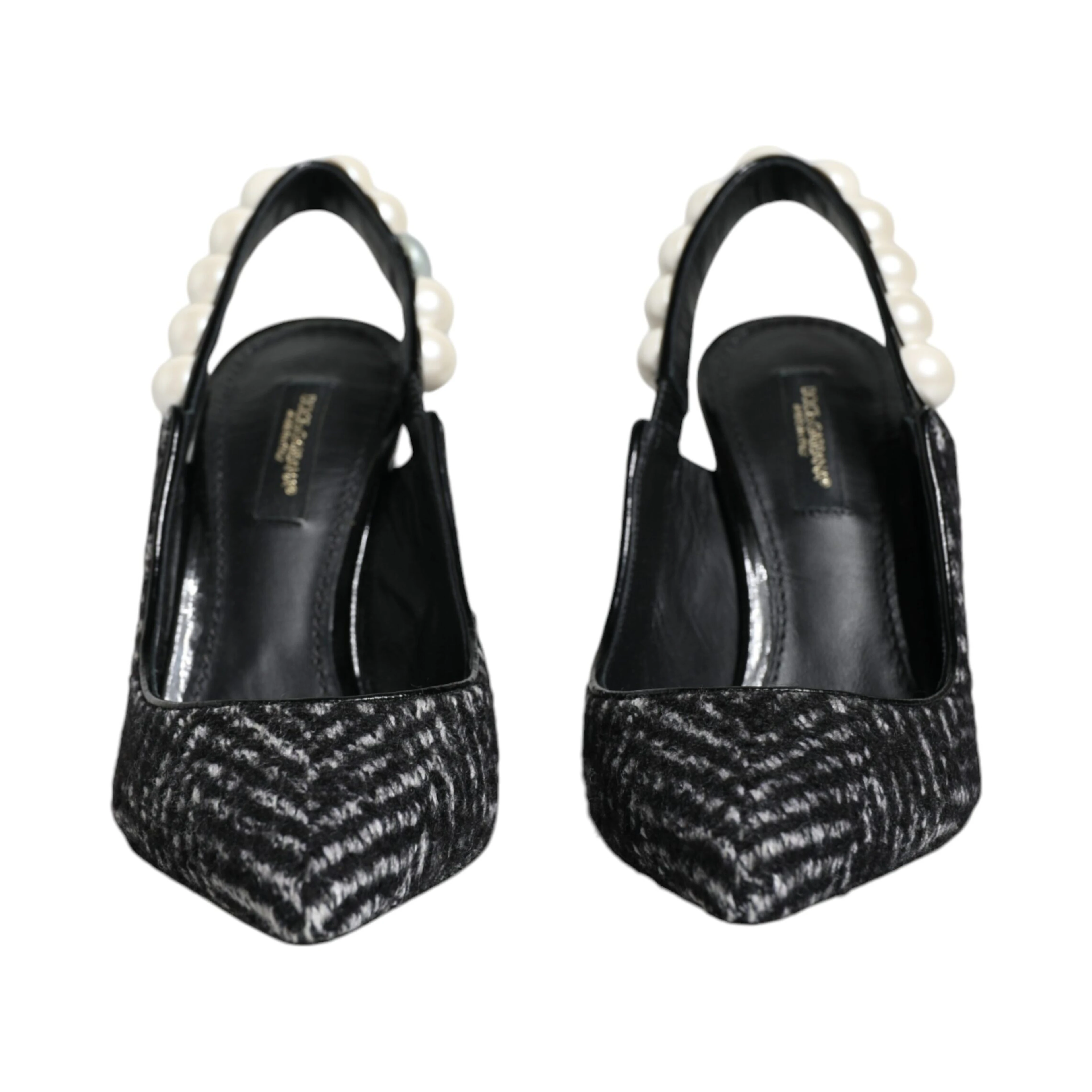 White Black Chevron Faux Pearl Slingback Shoes