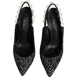White Black Chevron Faux Pearl Slingback Shoes