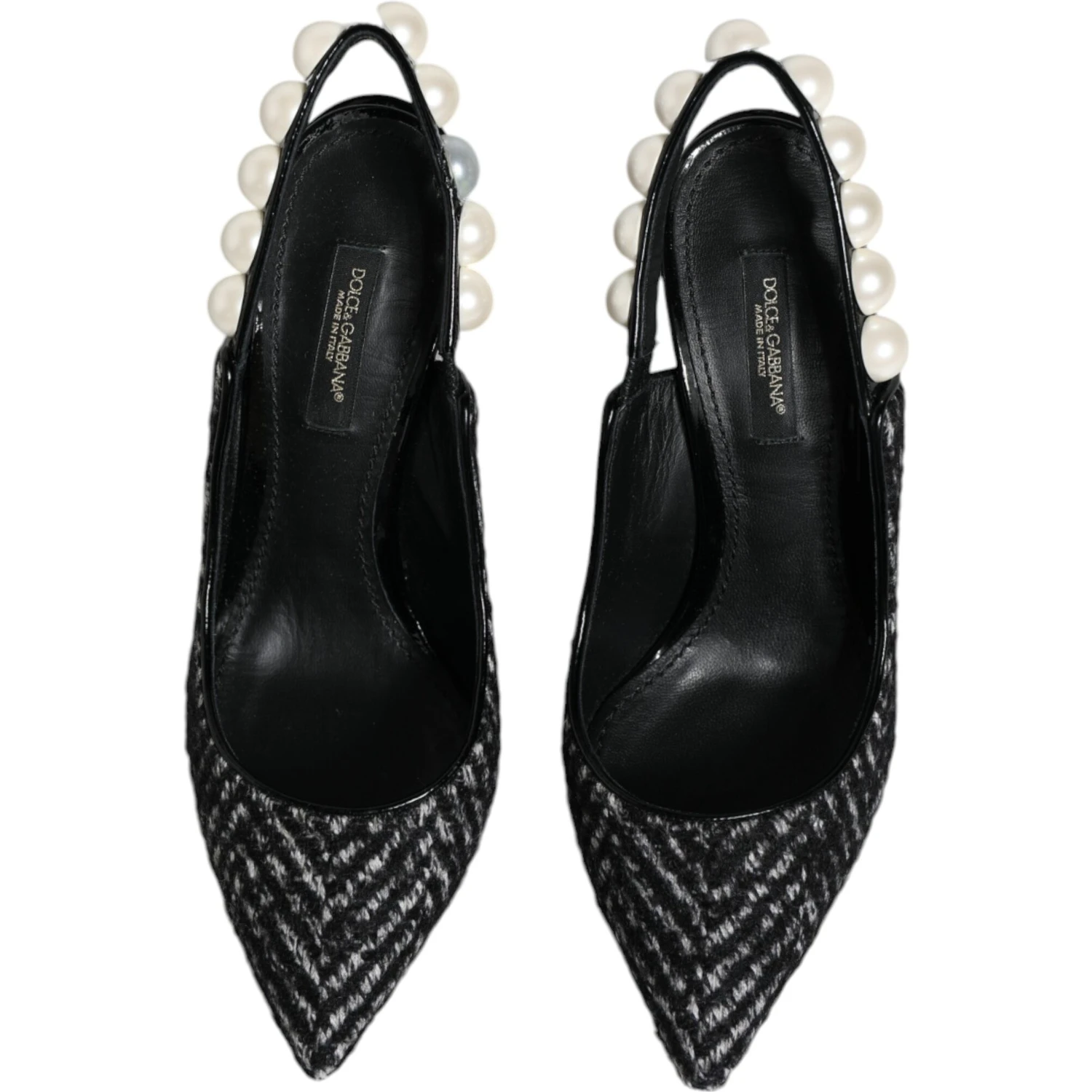White Black Chevron Faux Pearl Slingback Shoes