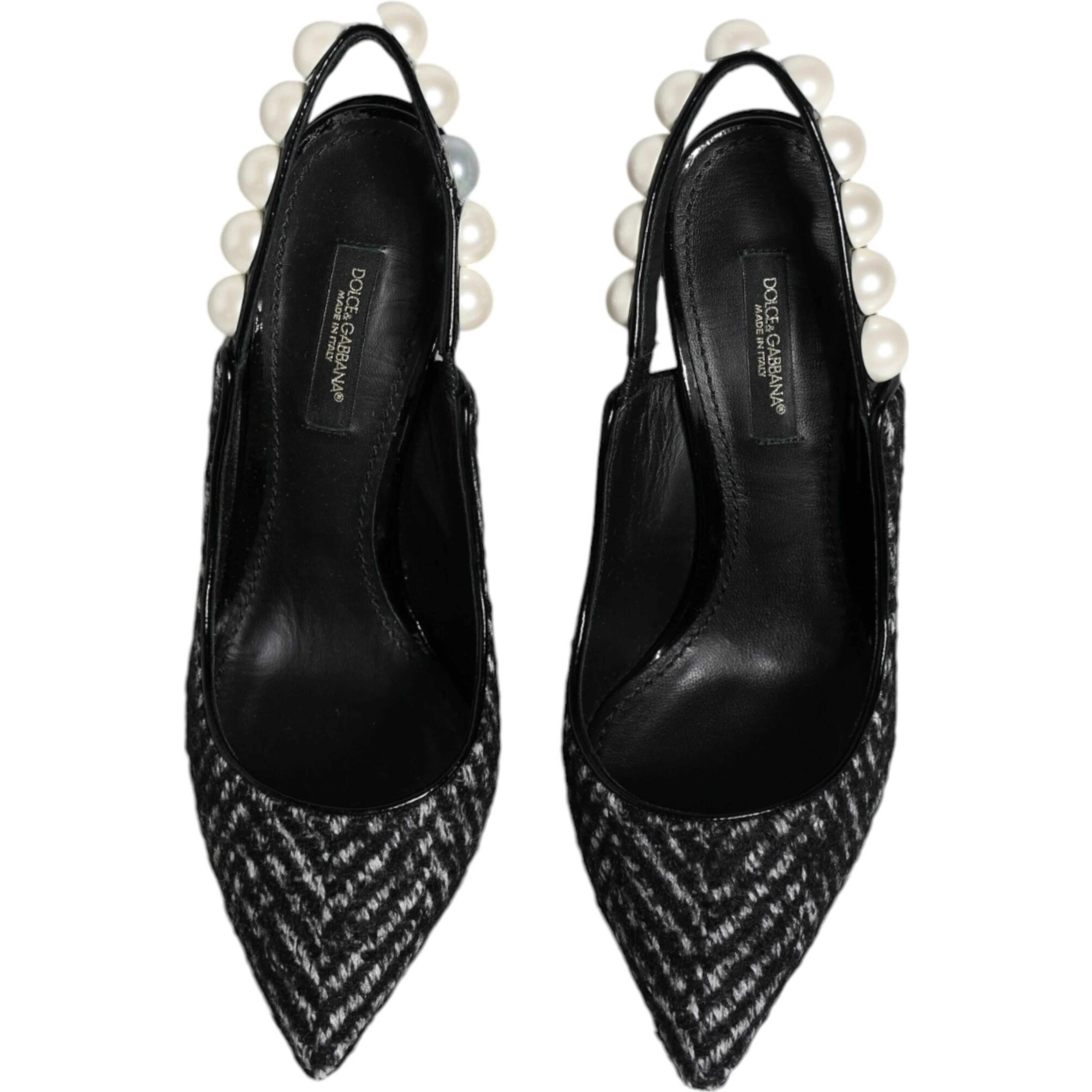 White Black Chevron Faux Pearl Slingback Shoes
