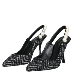 White Black Chevron Faux Pearl Slingback Shoes