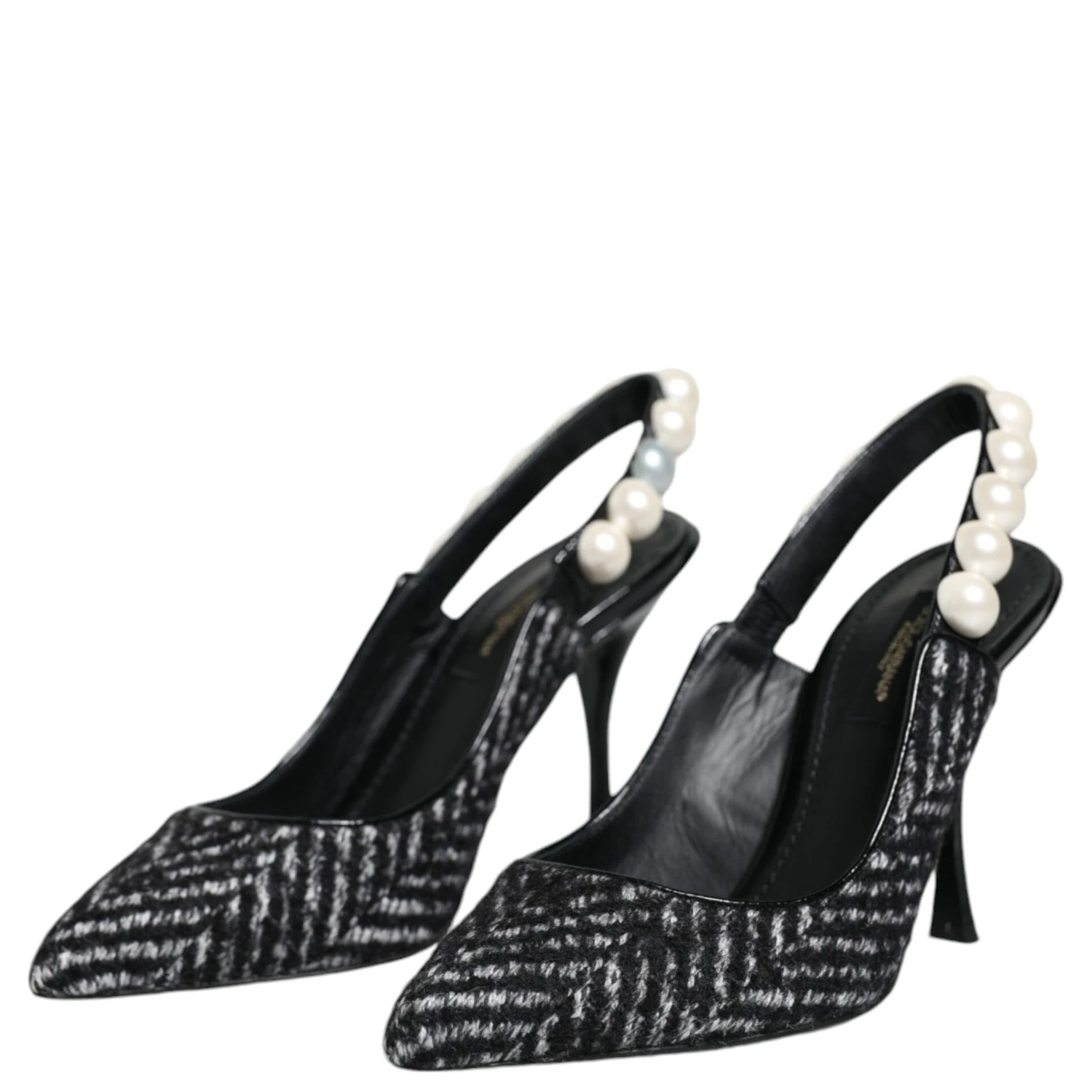 White Black Chevron Faux Pearl Slingback Shoes