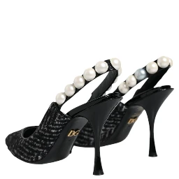 White Black Chevron Faux Pearl Slingback Shoes
