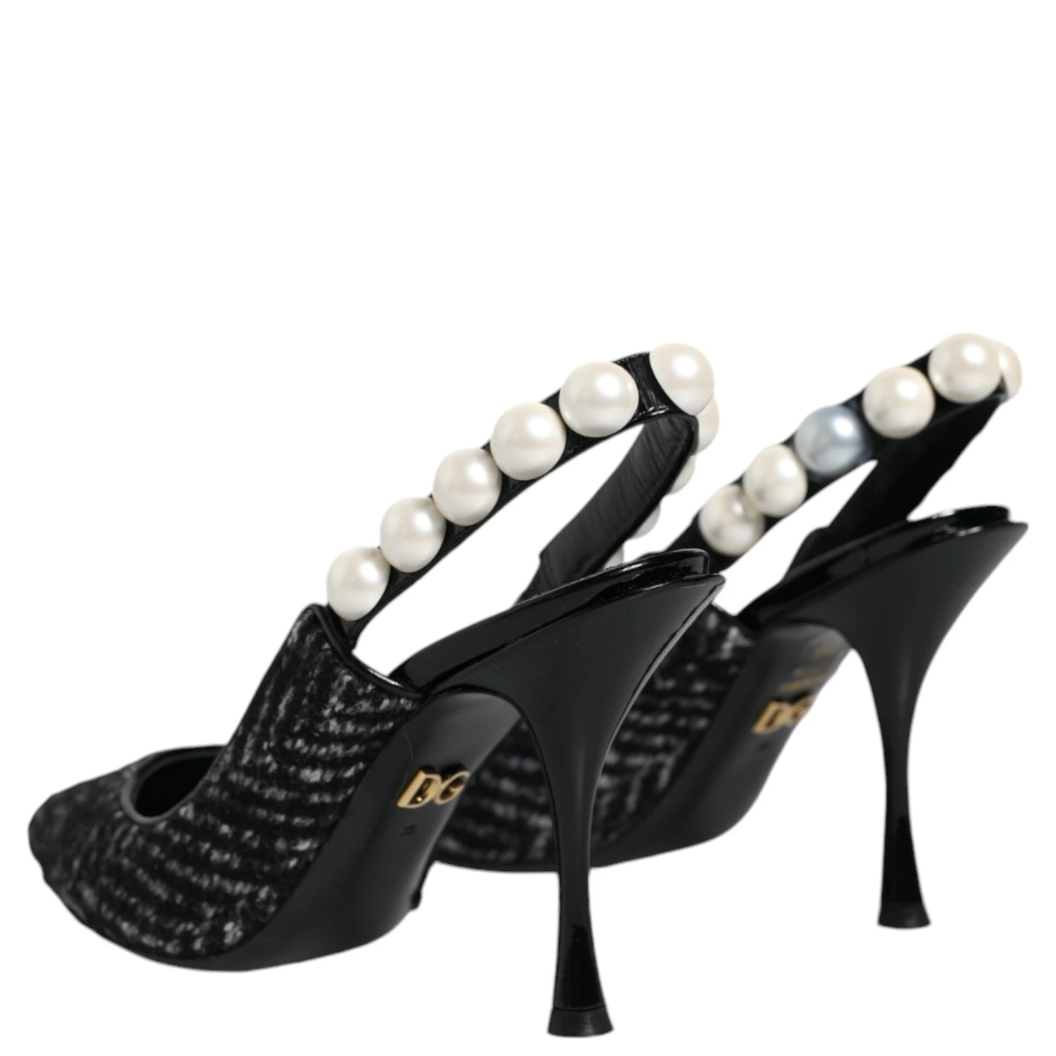 White Black Chevron Faux Pearl Slingback Shoes