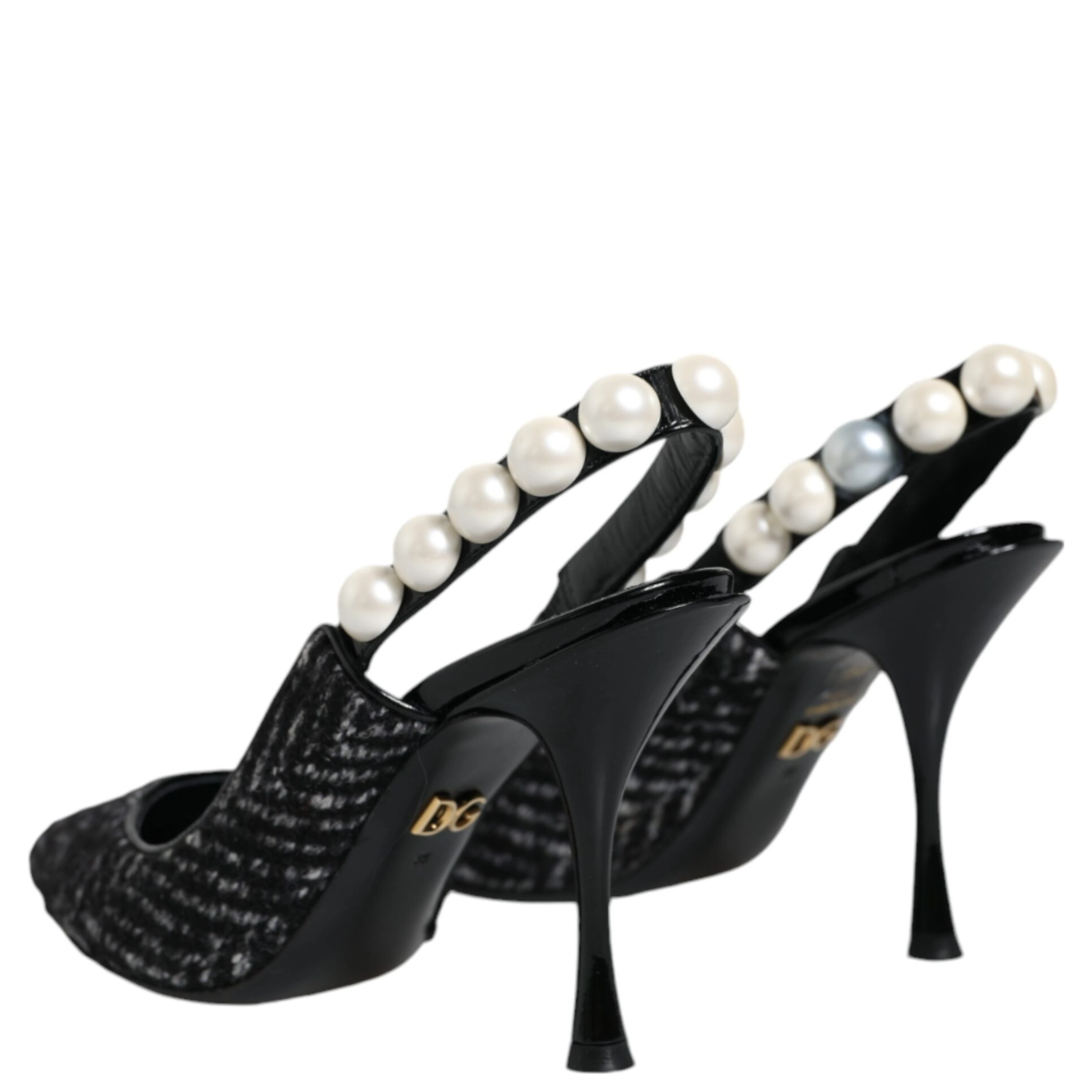 White Black Chevron Faux Pearl Slingback Shoes