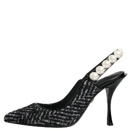 White Black Chevron Faux Pearl Slingback Shoes