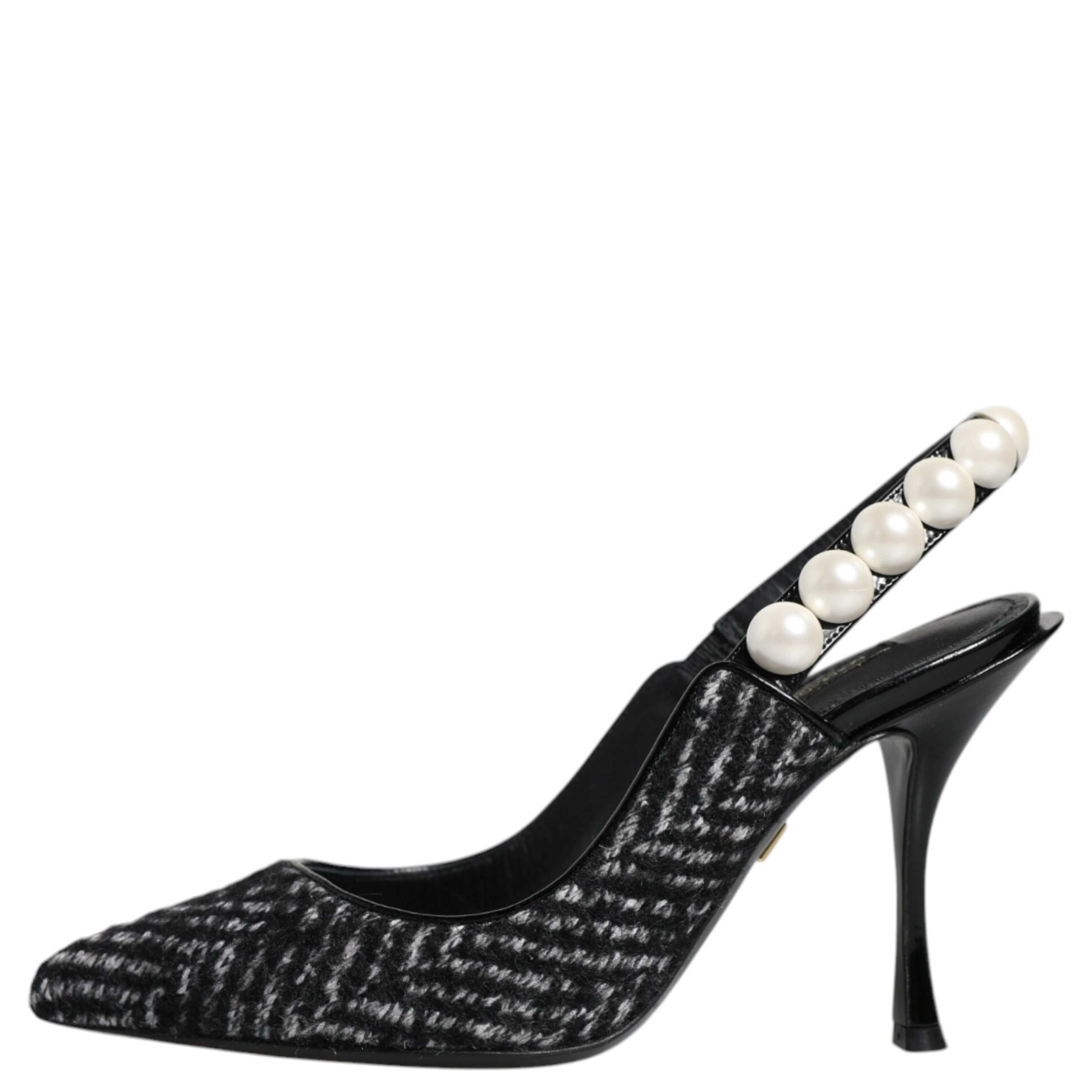 White Black Chevron Faux Pearl Slingback Shoes