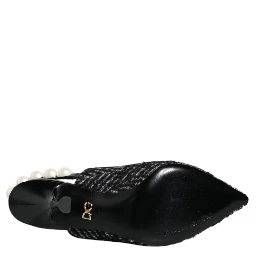 White Black Chevron Faux Pearl Slingback Shoes