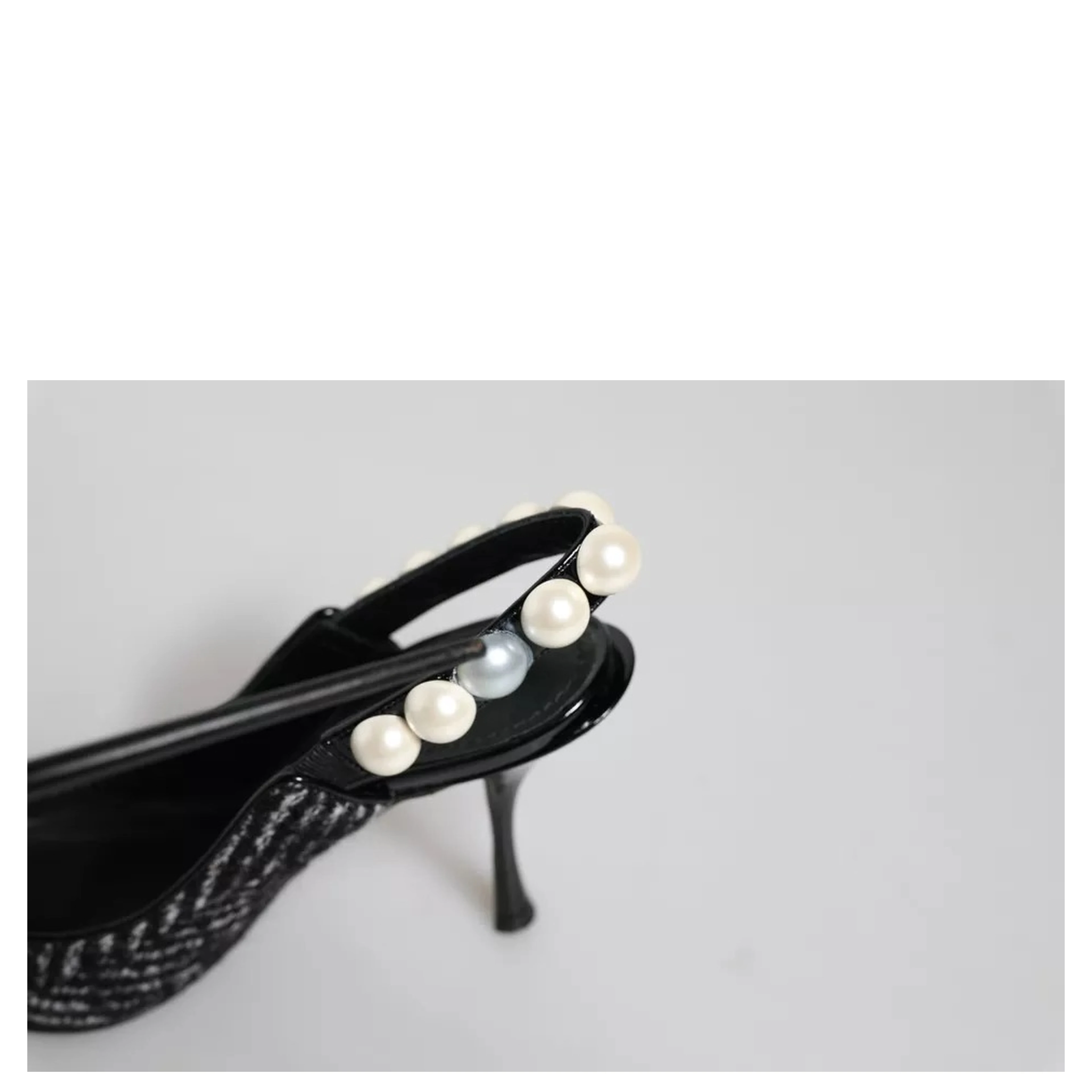 White Black Chevron Faux Pearl Slingback Shoes