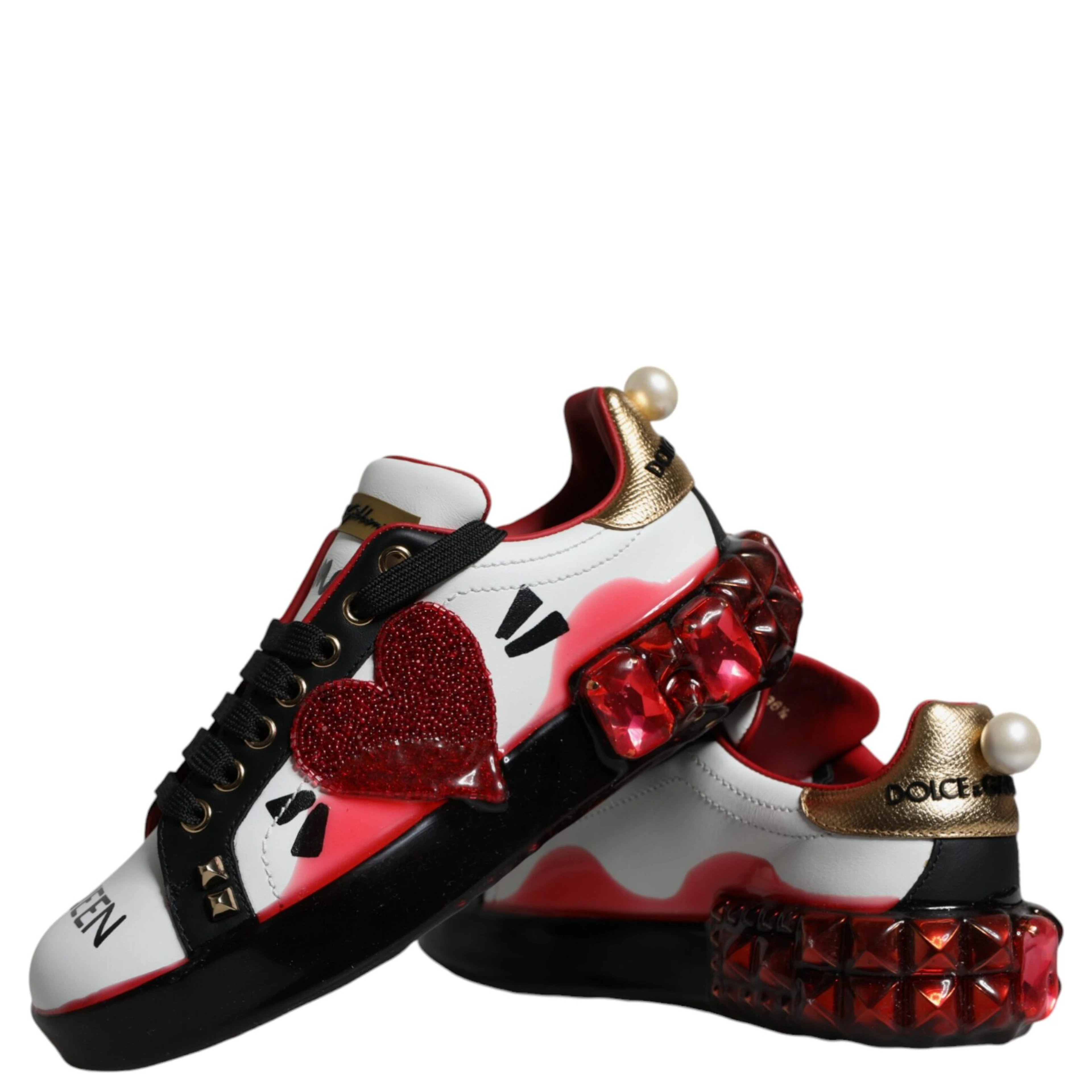 White Red Crystals Leather Portofino Sneakers Shoes