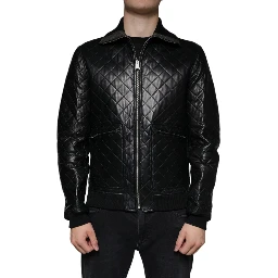 Black Calf Leather Quilted Full Zip Jacket