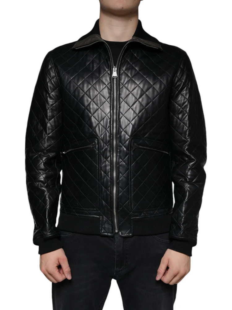 Black Calf Leather Quilted Full Zip Jacket