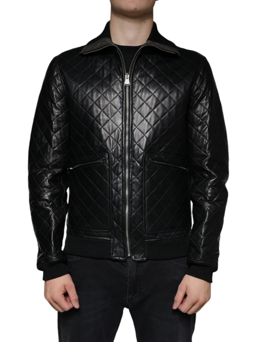 Black Calf Leather Quilted Full Zip Jacket