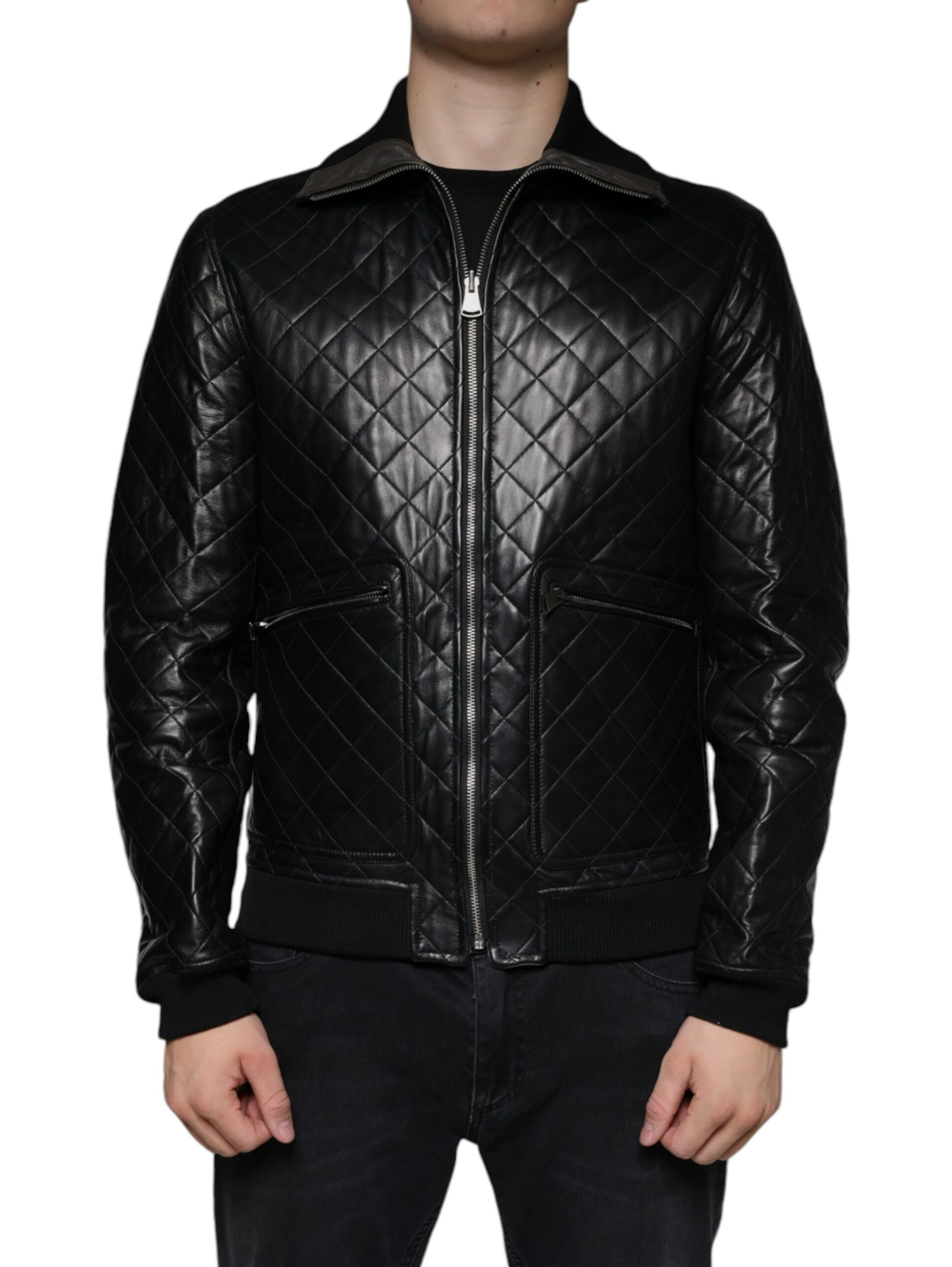 Black Calf Leather Quilted Full Zip Jacket