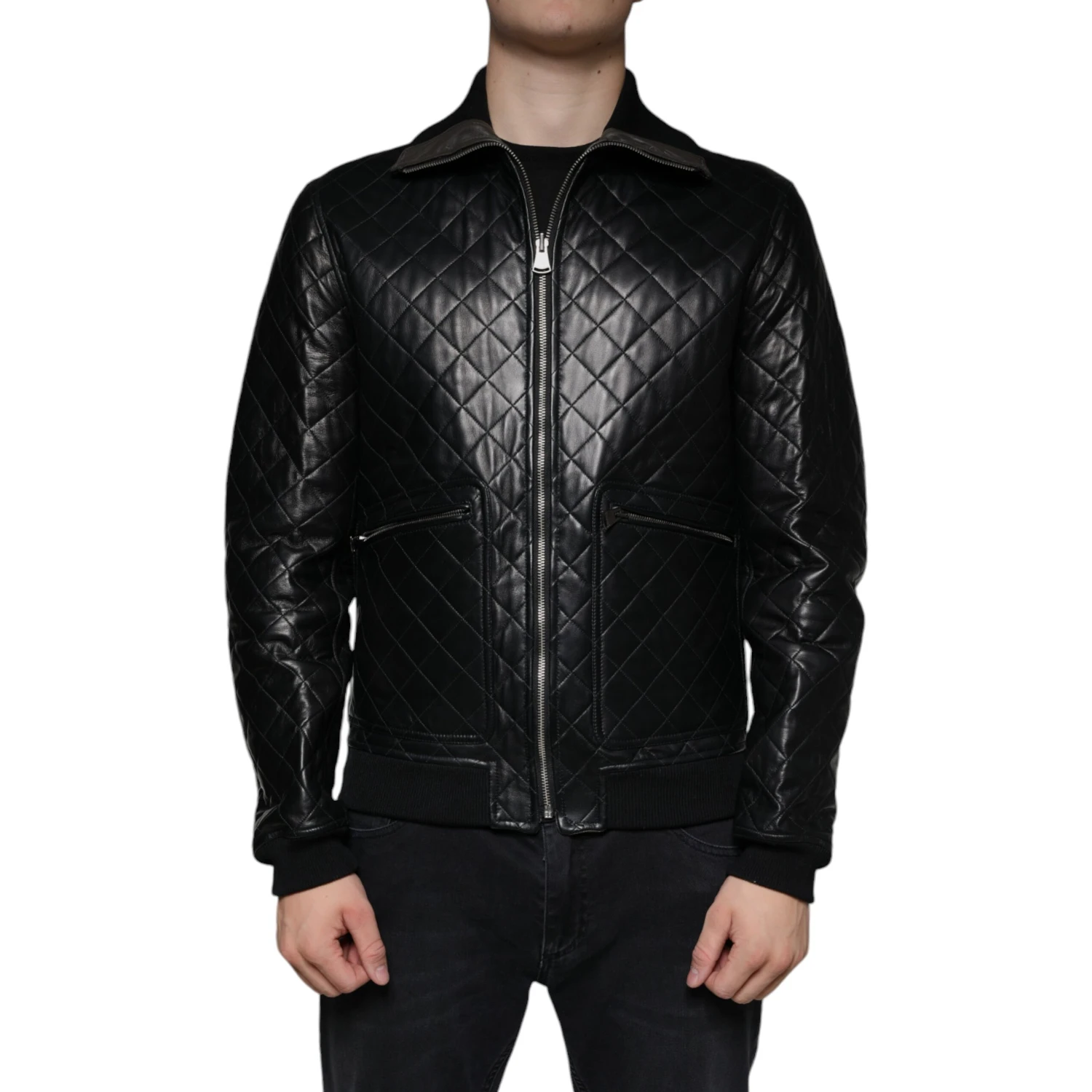 Black Calf Leather Quilted Full Zip Jacket