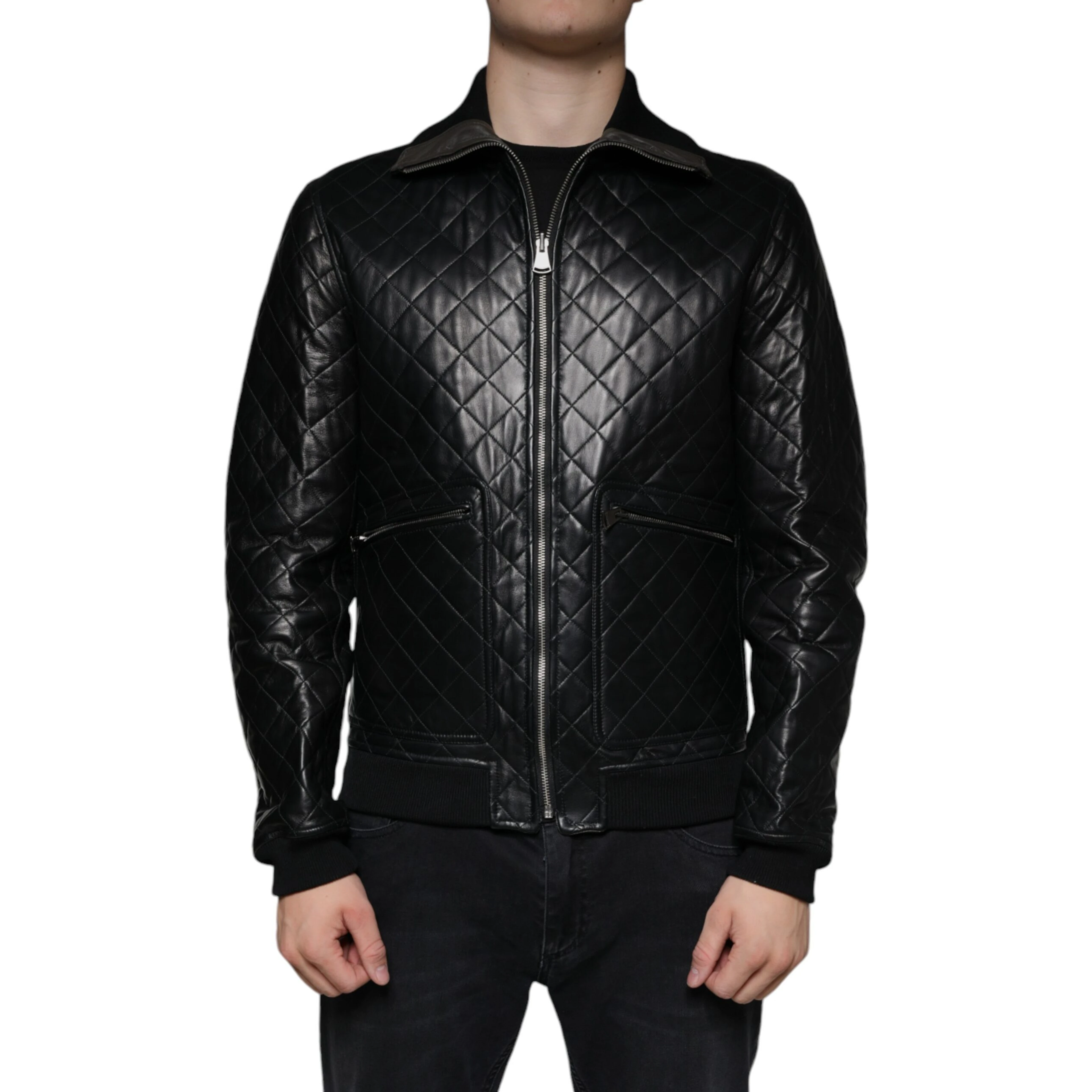 Black Calf Leather Quilted Full Zip Jacket