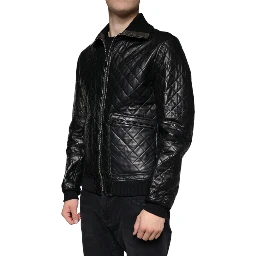 Black Calf Leather Quilted Full Zip Jacket