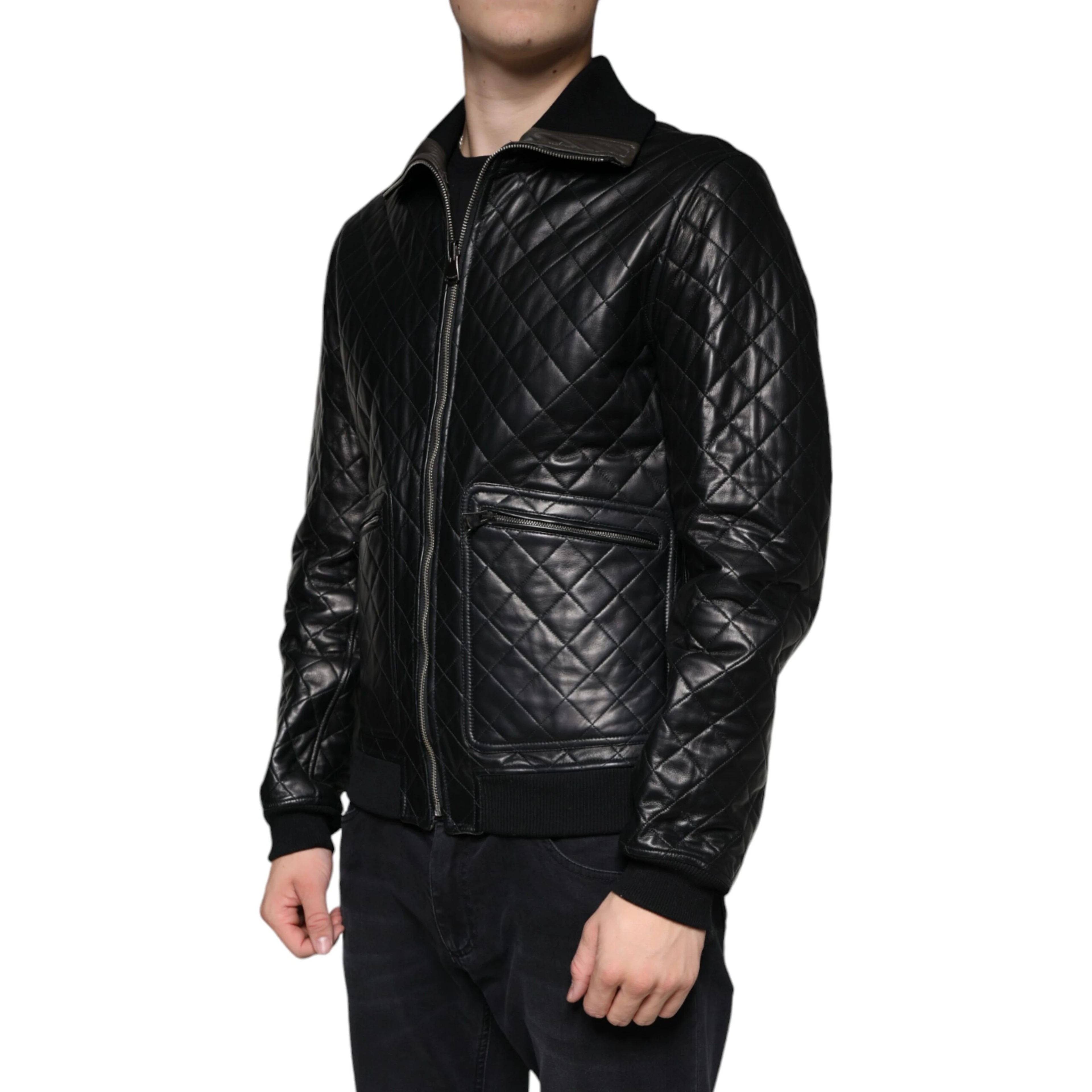 Black Calf Leather Quilted Full Zip Jacket