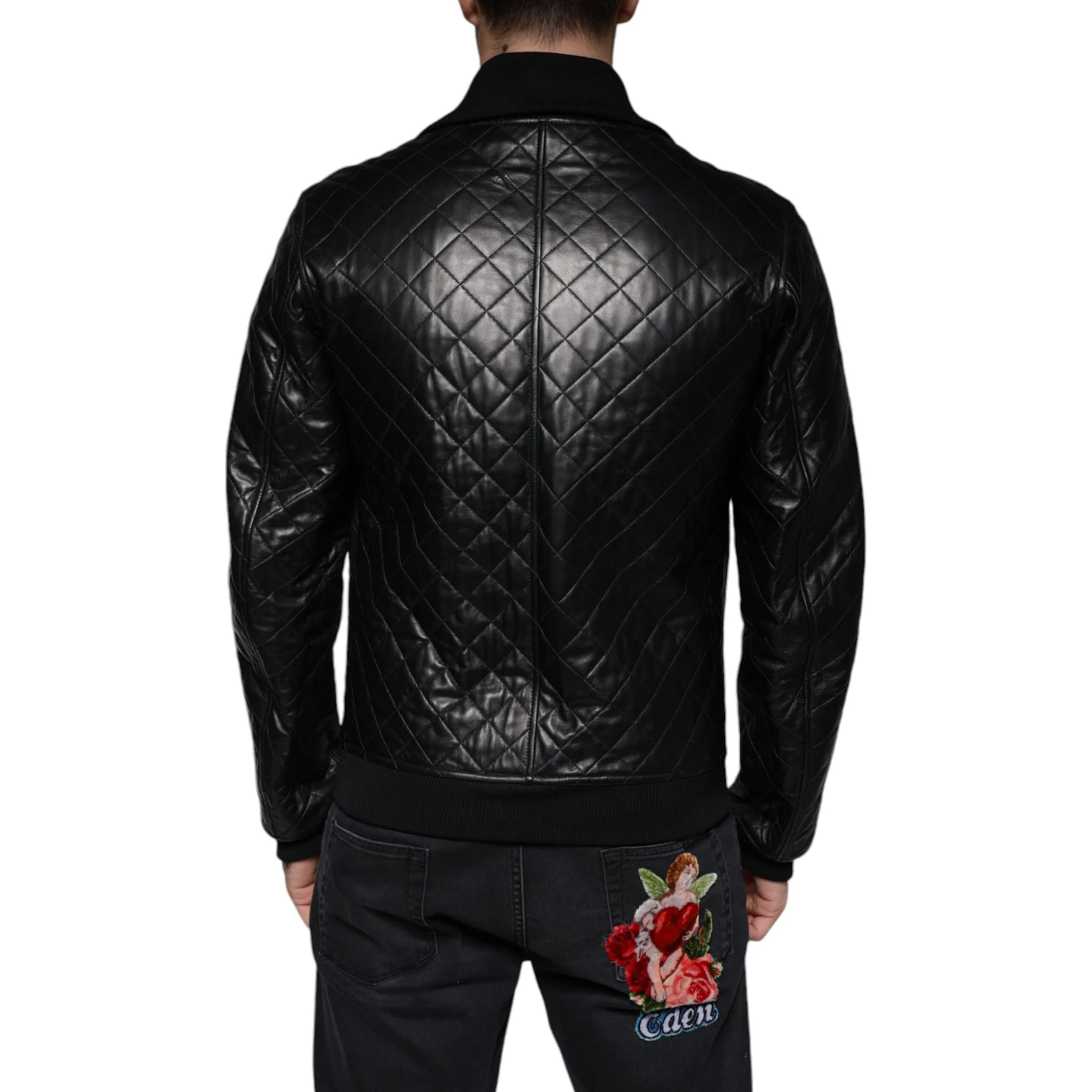 Black Calf Leather Quilted Full Zip Jacket