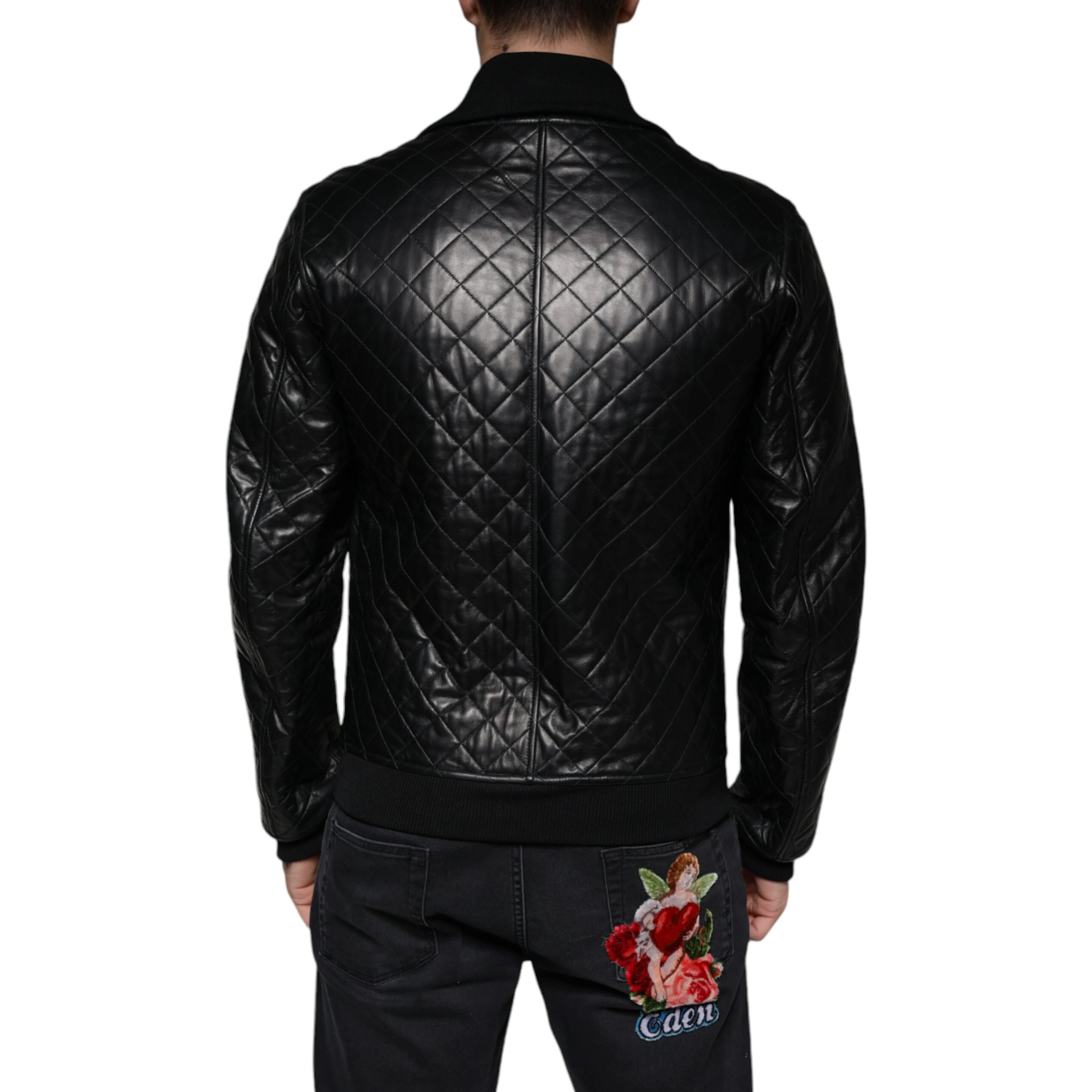 Black Calf Leather Quilted Full Zip Jacket