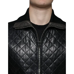 Black Calf Leather Quilted Full Zip Jacket