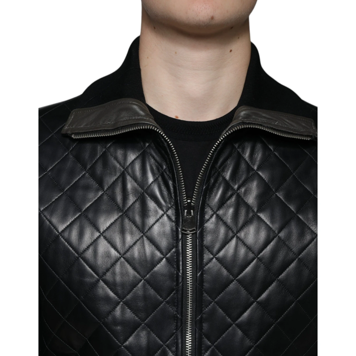 Black Calf Leather Quilted Full Zip Jacket