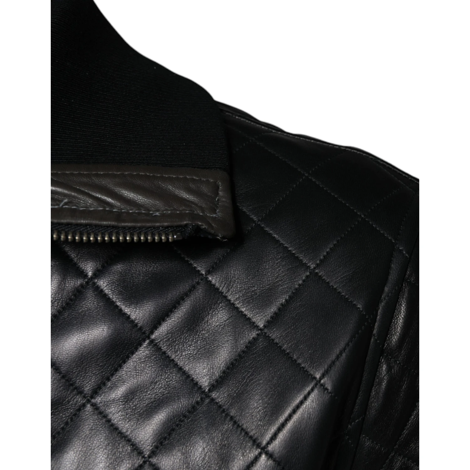 Black Calf Leather Quilted Full Zip Jacket
