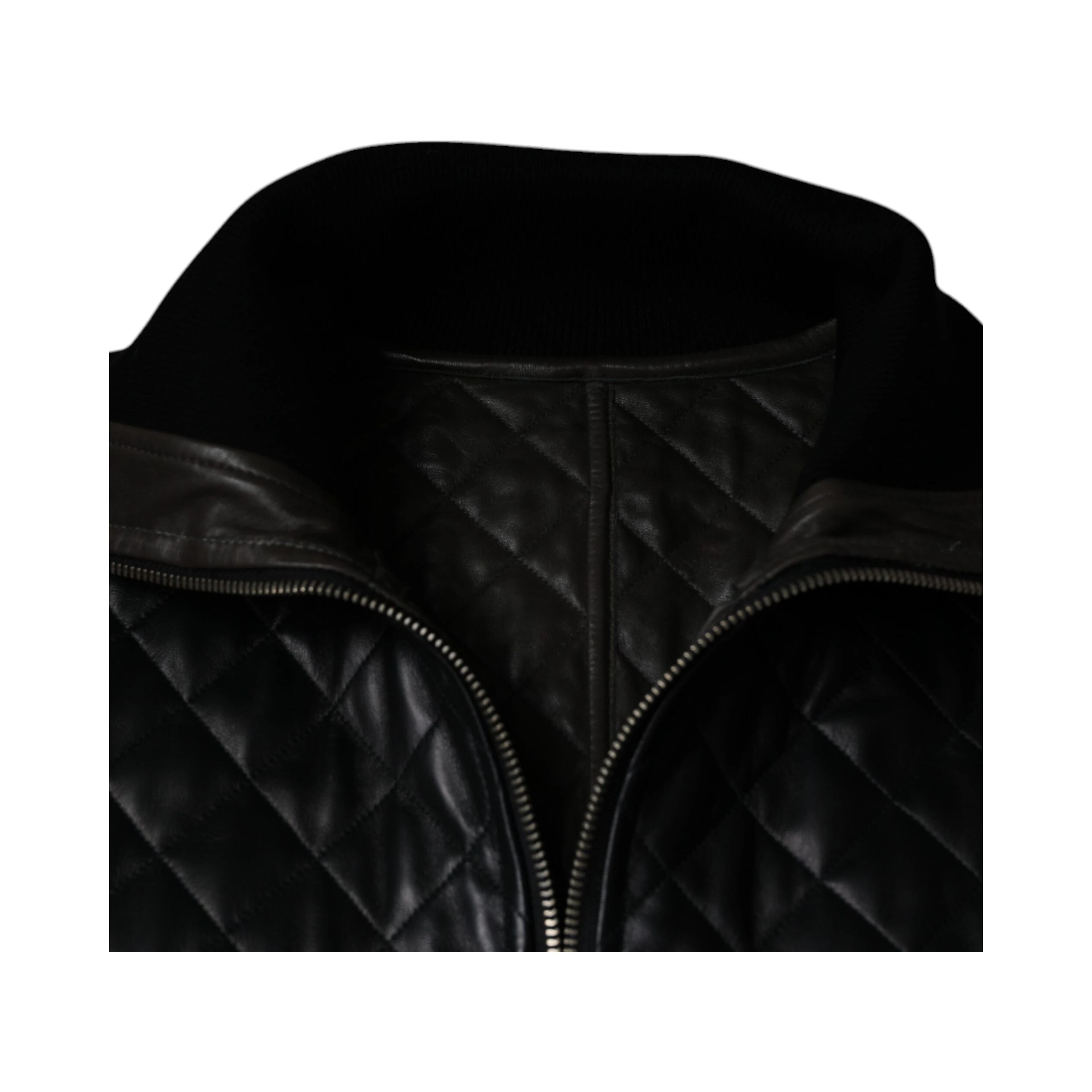 Black Calf Leather Quilted Full Zip Jacket