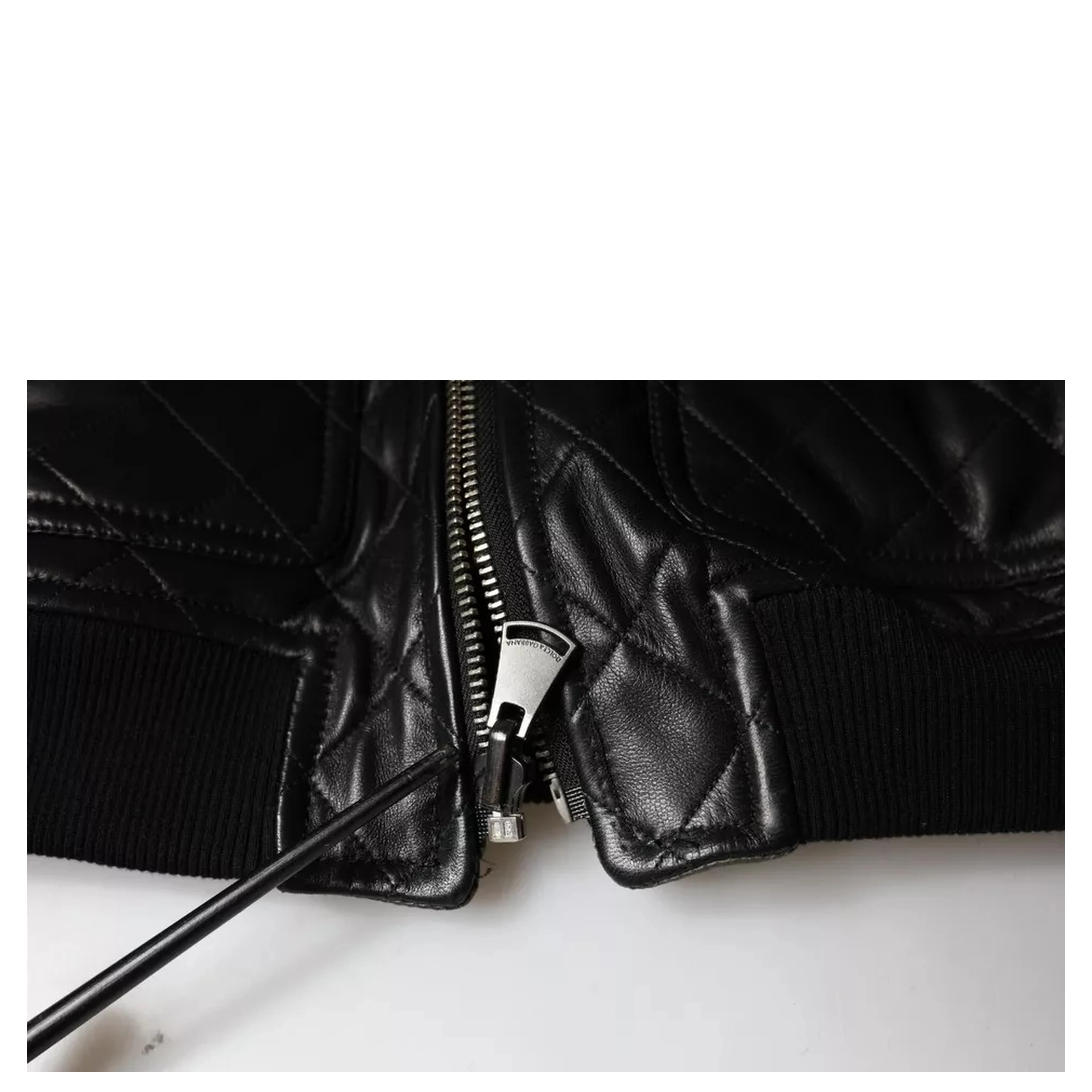 Black Calf Leather Quilted Full Zip Jacket