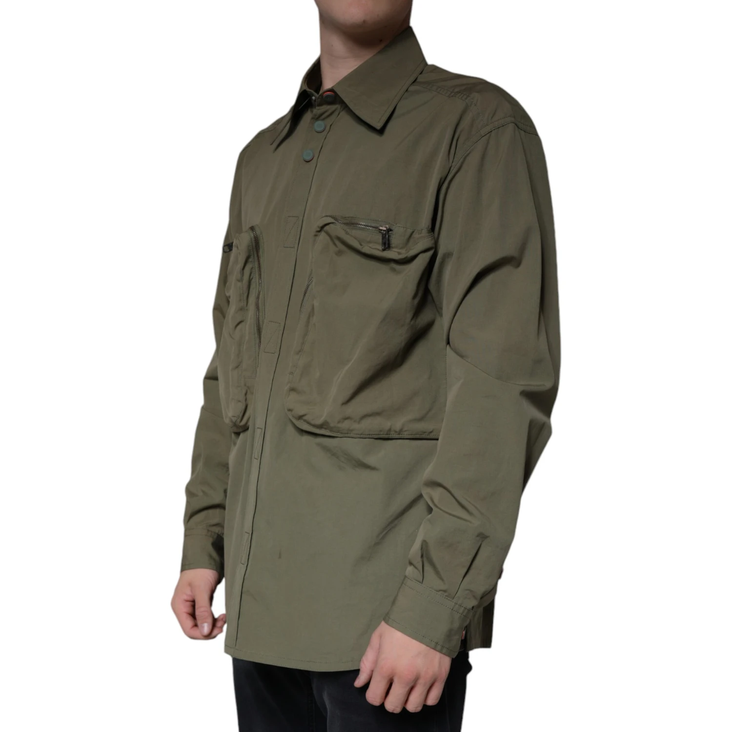Military Green Cotton Bend Collared Coat Jacket