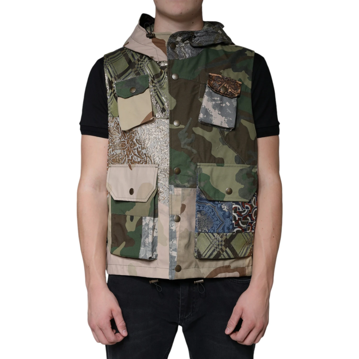 Multicolor Patchwork Hooded Vest Jacket