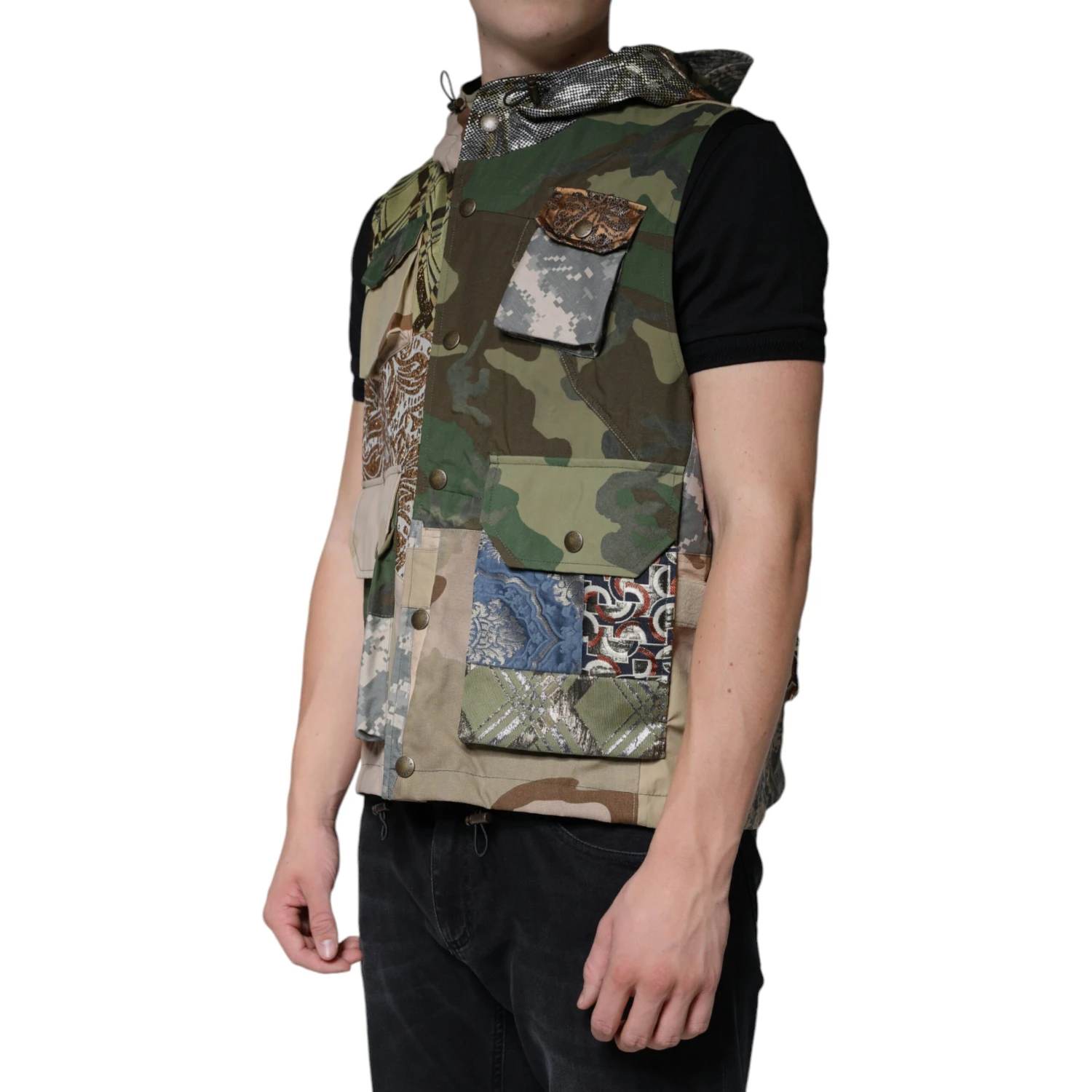 Multicolor Patchwork Hooded Vest Jacket