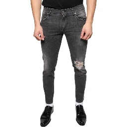 Black Tattered Cotton Skinny Men Denim Jeans