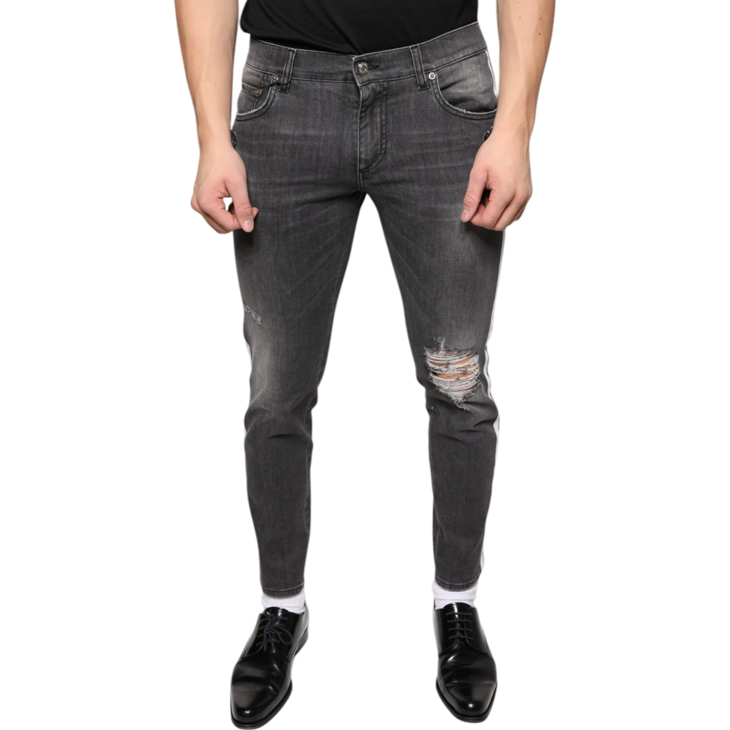 Black Tattered Cotton Skinny Men Denim Jeans