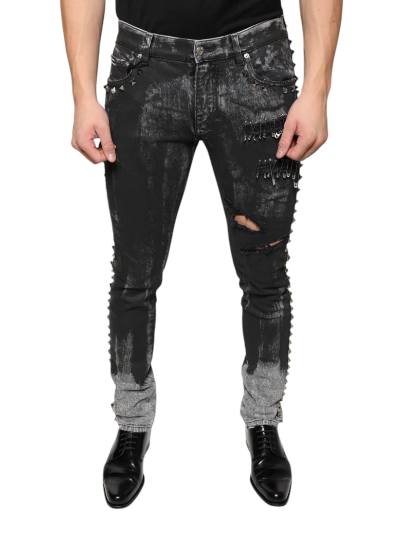 Black Embellished Cotton Skinny Denim Jeans