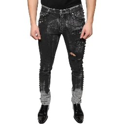Black Embellished Cotton Skinny Denim Jeans