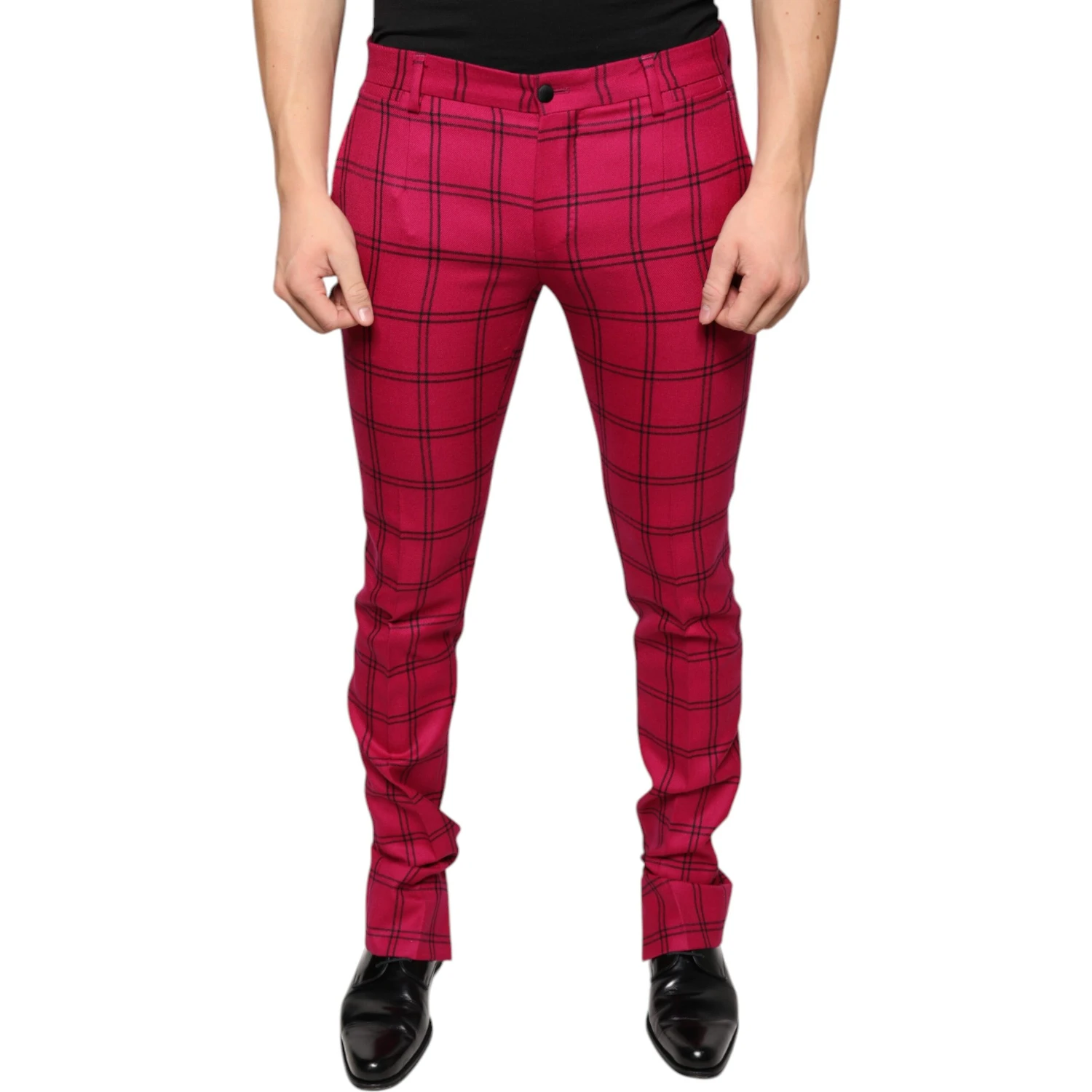 Pink Checkered Wool Skinny Pants