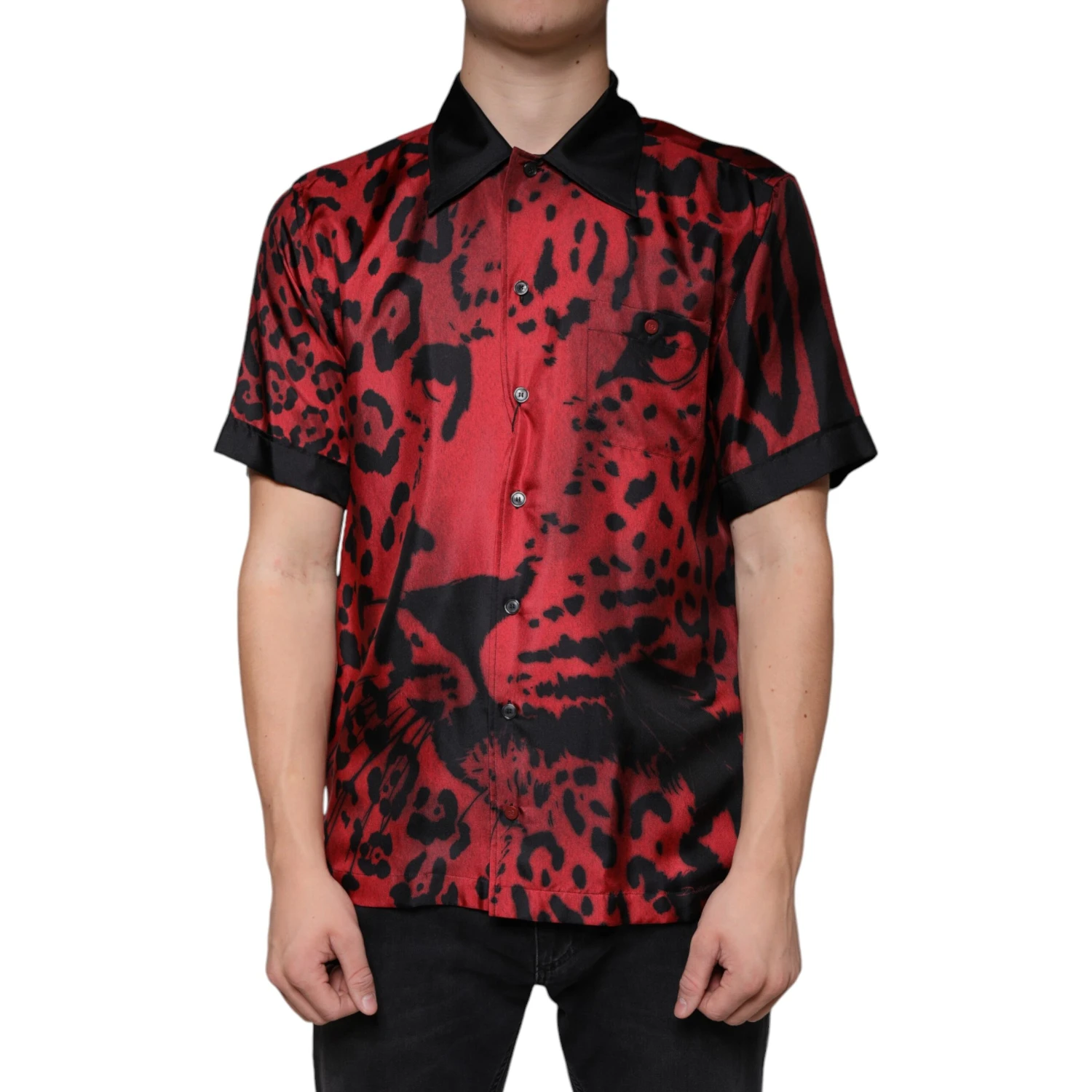 Red Leopard Silk Button Down Casual Shirt
