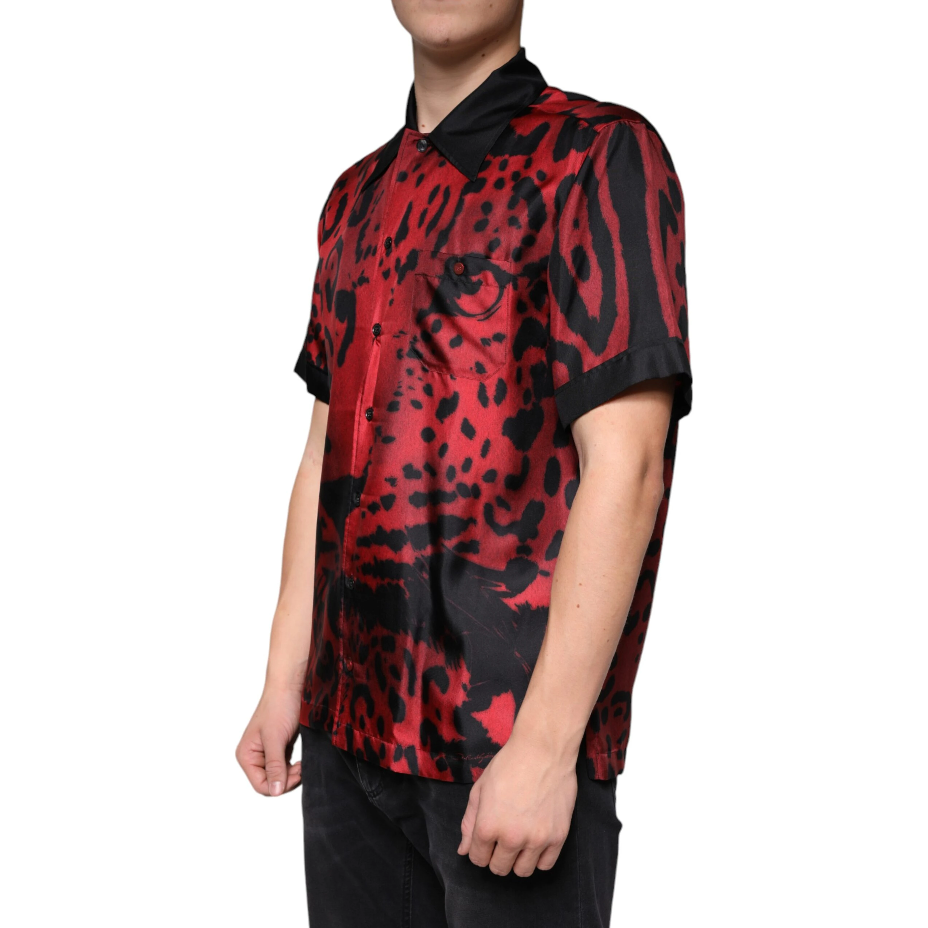 Red Leopard Silk Button Down Casual Shirt