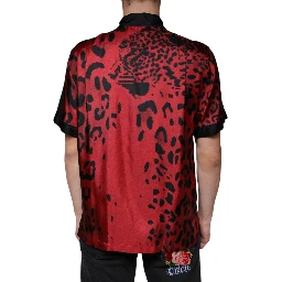 Red Leopard Silk Button Down Casual Shirt