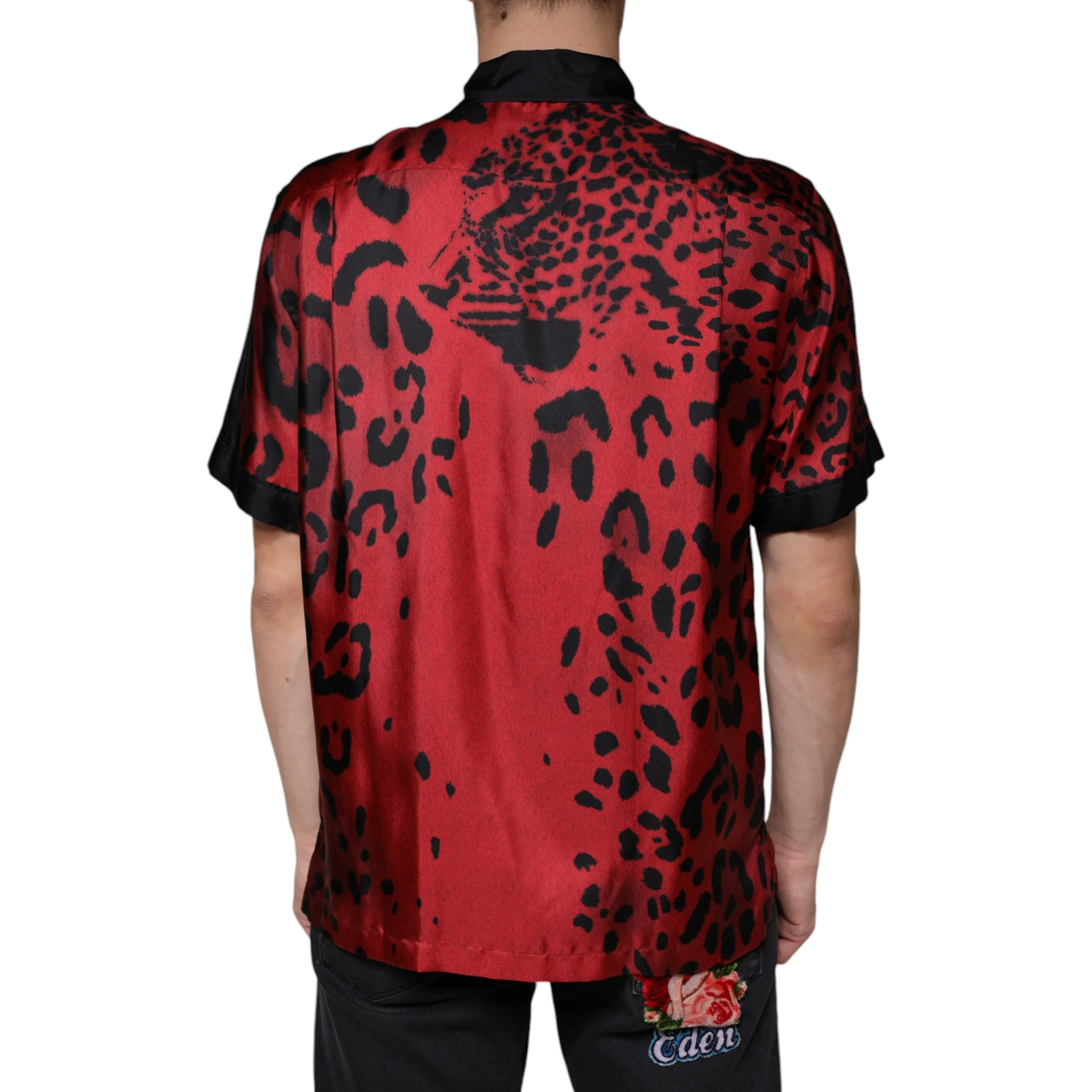 Red Leopard Silk Button Down Casual Shirt