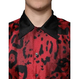 Red Leopard Silk Button Down Casual Shirt
