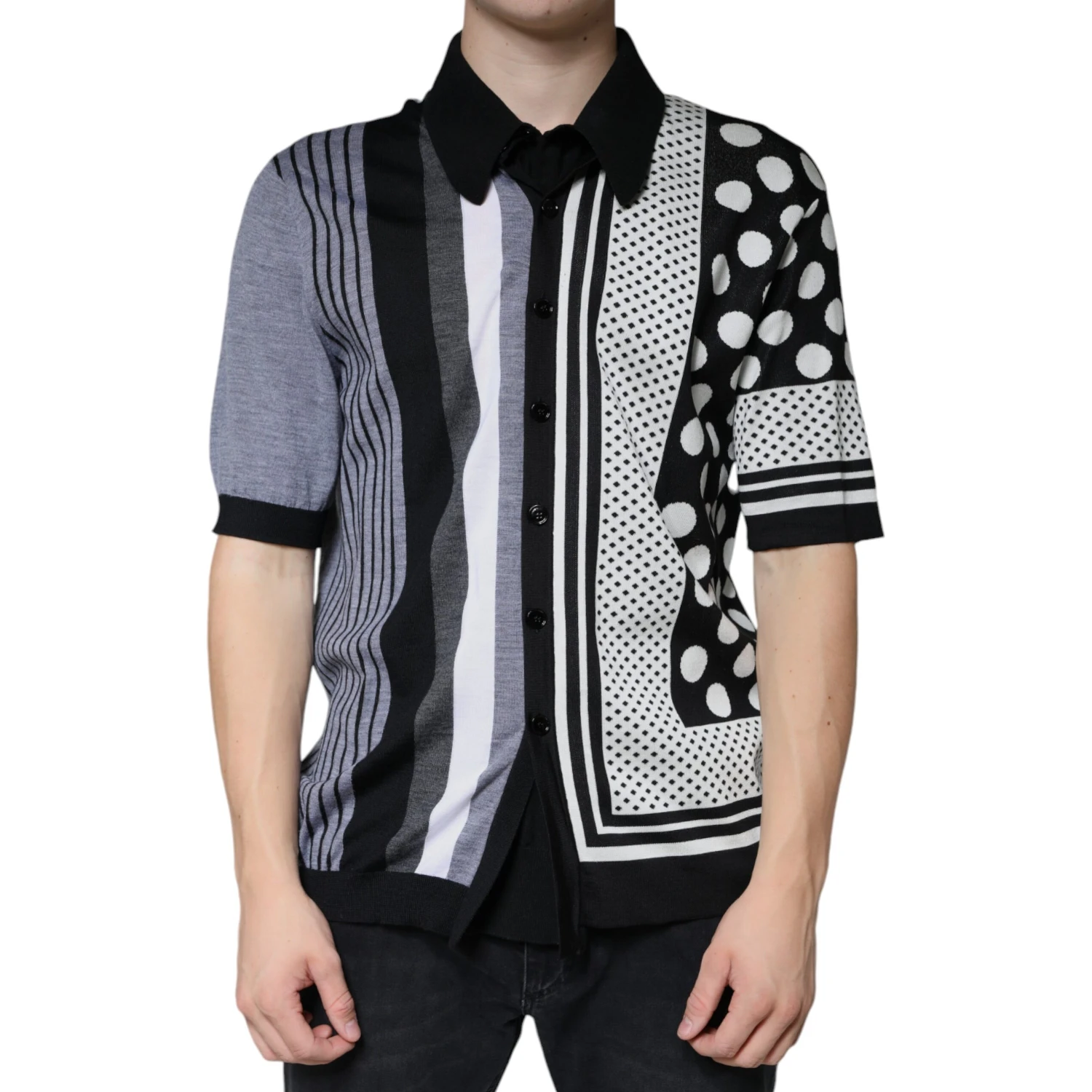 Black White Polka Dot Collared Polo T-shirt