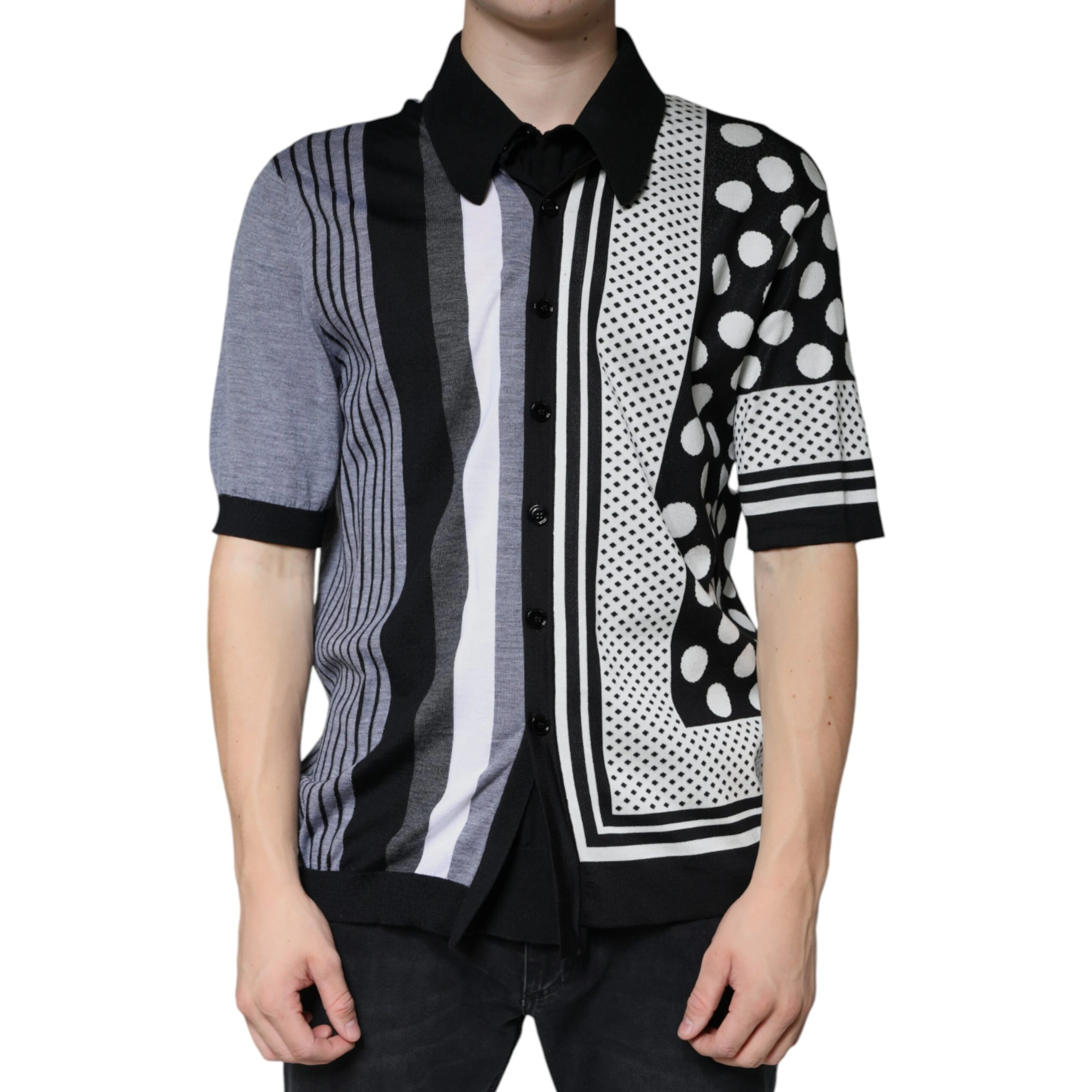 Black White Polka Dot Collared Polo T-shirt