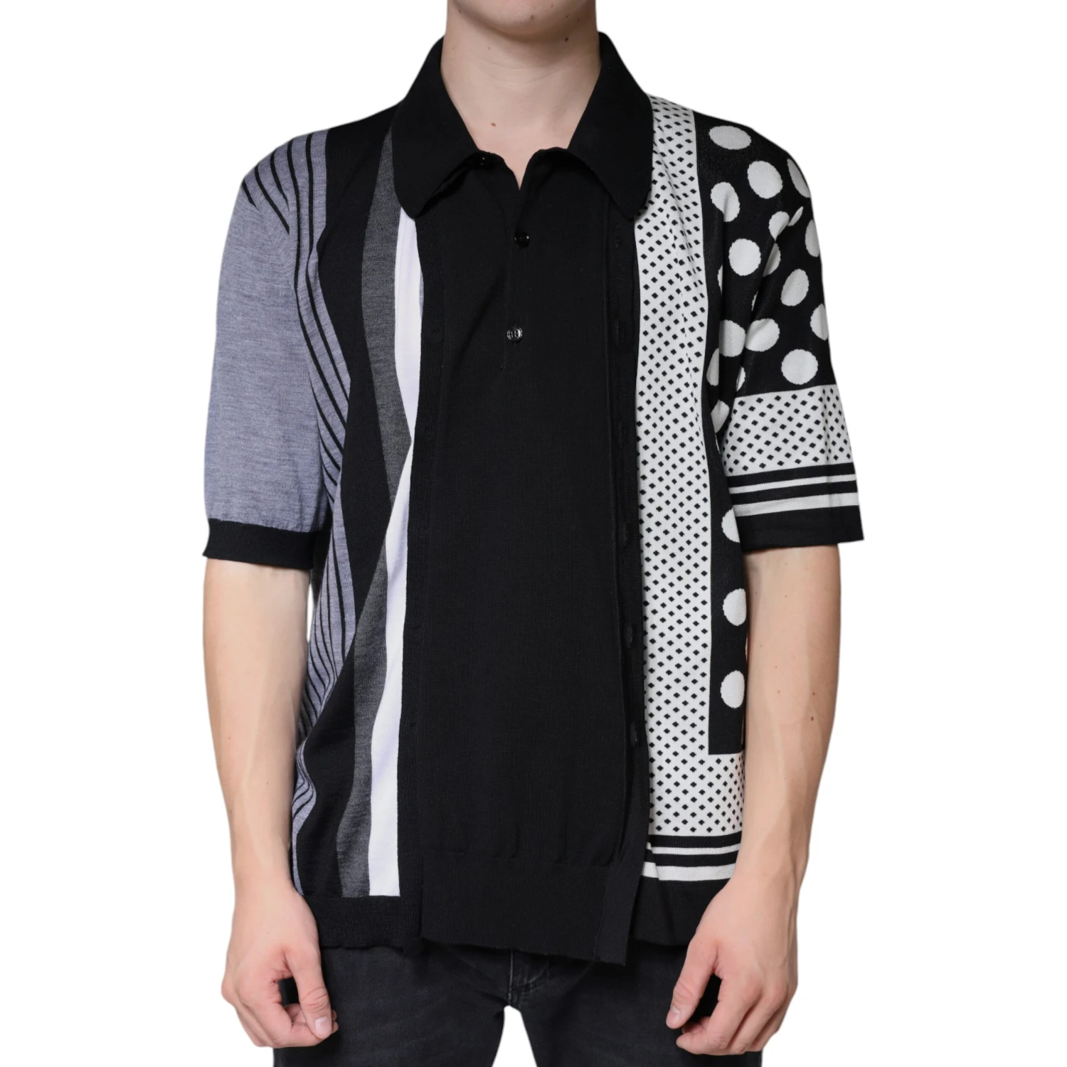 Black White Polka Dot Collared Polo T-shirt
