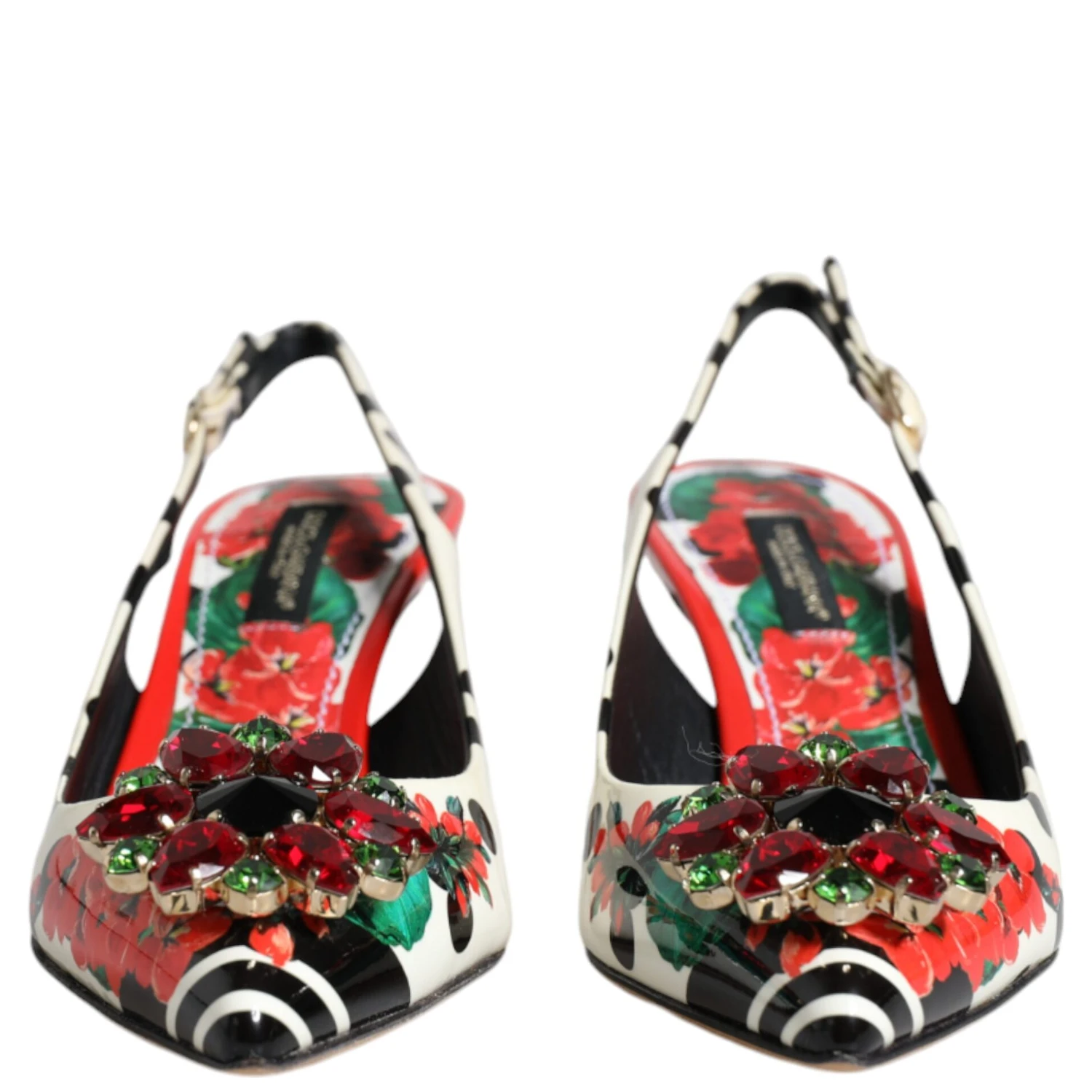 Multicolor Leather Crystal Heels Slingback Shoes